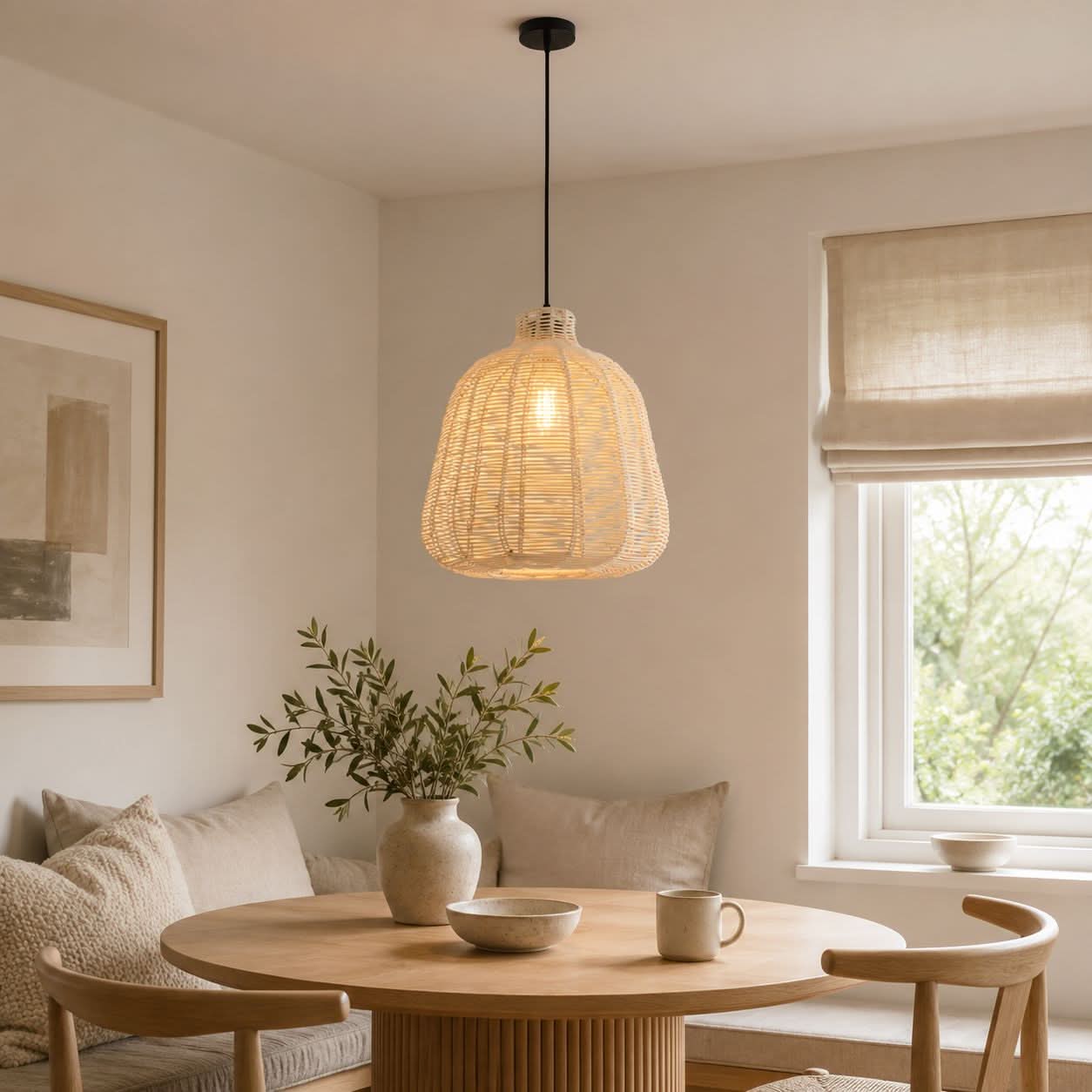 Lightsin Natural Rattan Pendant Light – Handwoven Ceiling Pendant Light for Living Room, Bedroom, and Ambient Boho Interiors