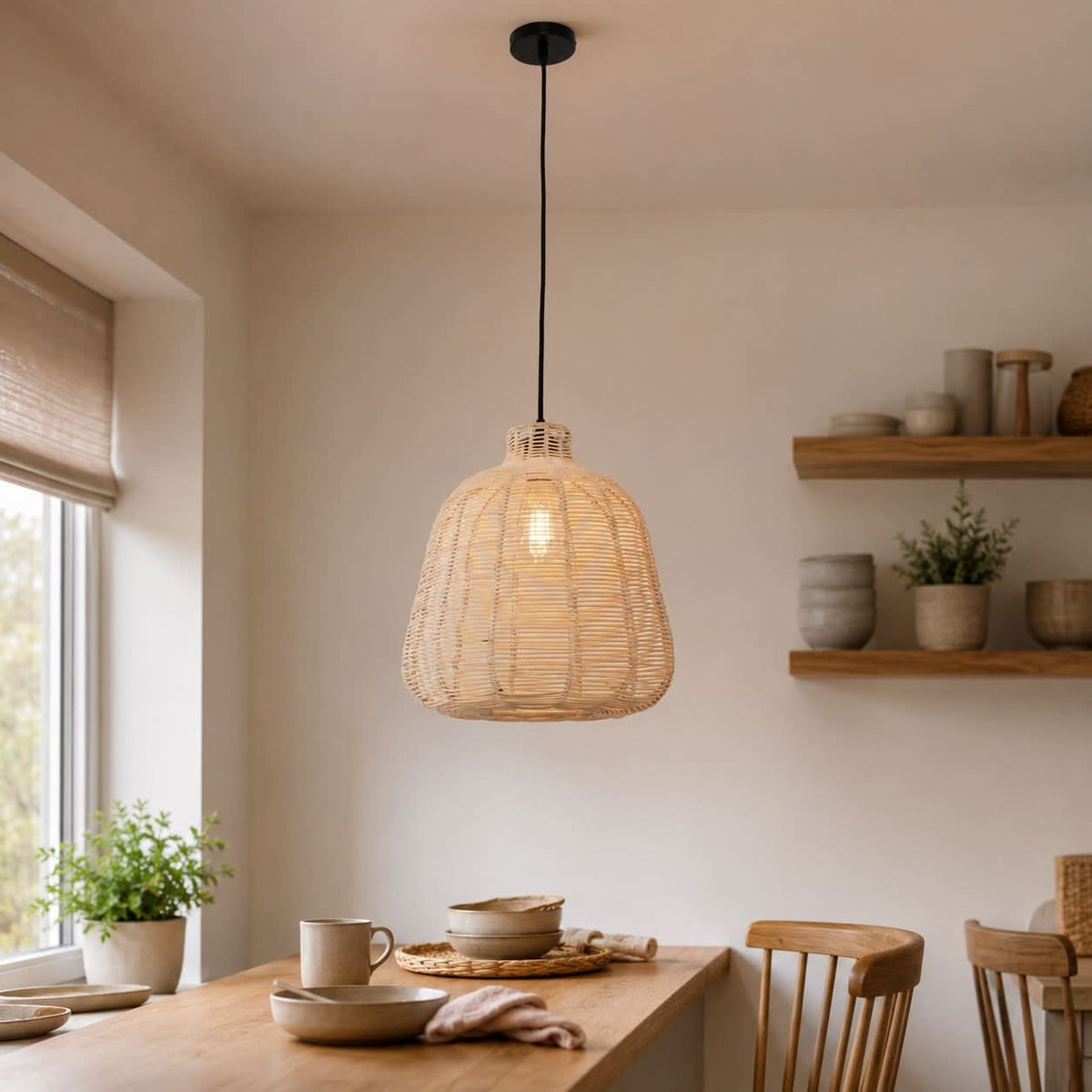 Lightsin Natural Rattan Pendant Light – Handwoven Ceiling Pendant Light for Living Room, Bedroom, and Ambient Boho Interiors