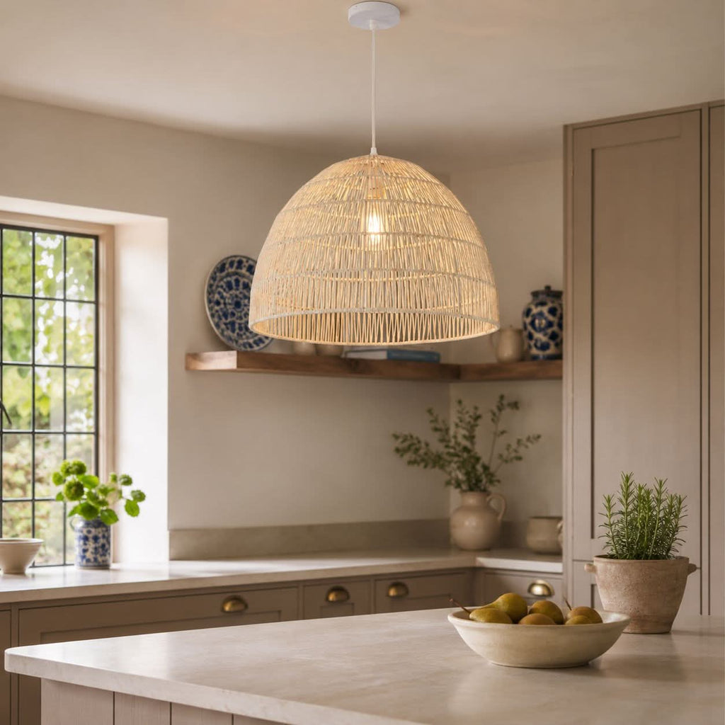 Lightsin Cella-Handwoven Paper Rope Dome Pendant Light – Eco-Friendly Ceiling Pendant Light with Iron Frame for Kitchen Island, Dining Room, or Living Room Lighting