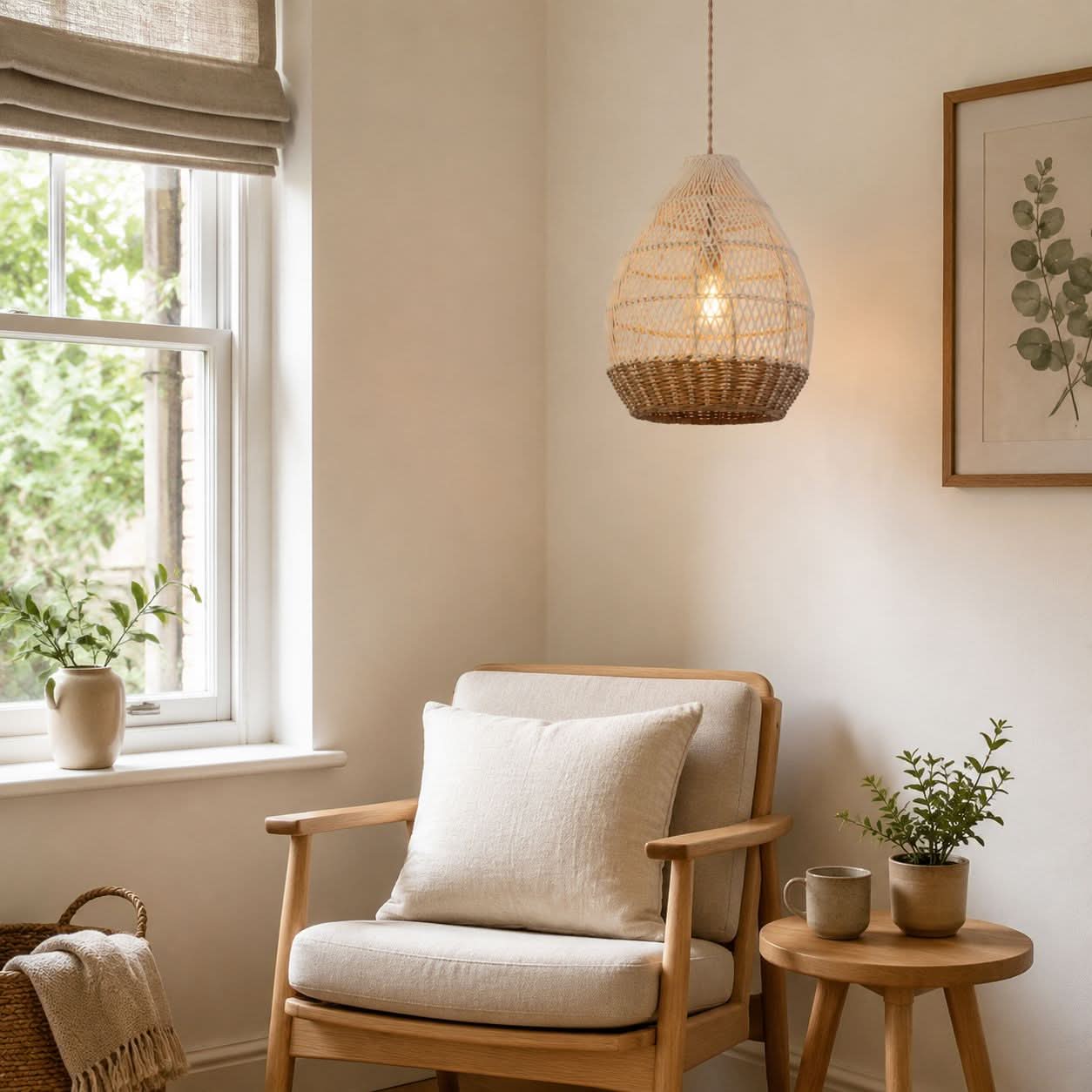 Lightsin Handwoven Boho Teardrop Design Rattan Iron Pendant Light