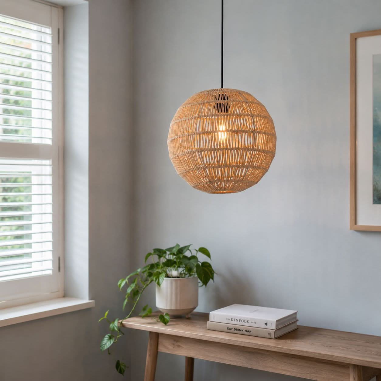 Lightsin Round Cotton Rope Pendant Light – Handwoven Ceiling Pendant for Living Room, Dining Room & Kitchen