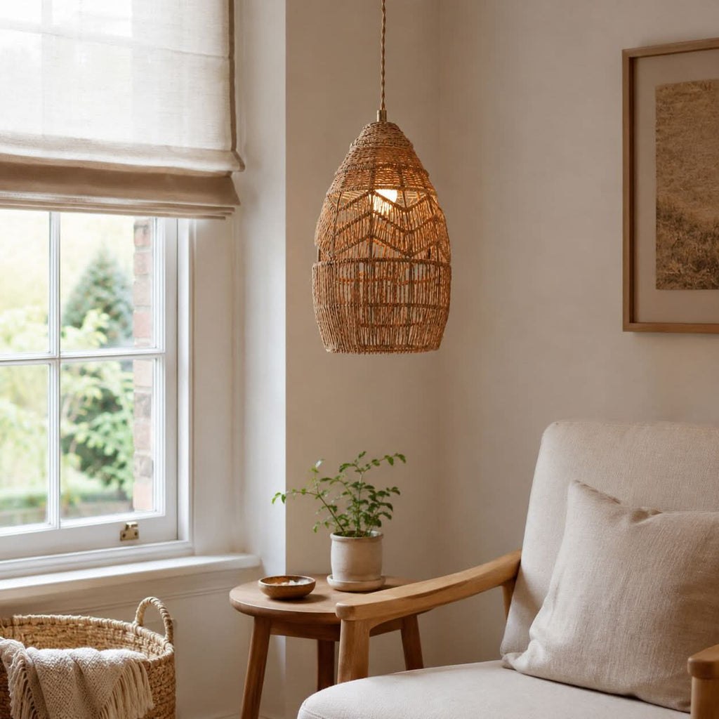 Lightsin Handwoven Rattan Bell Pendant Light for Dining Room Decor