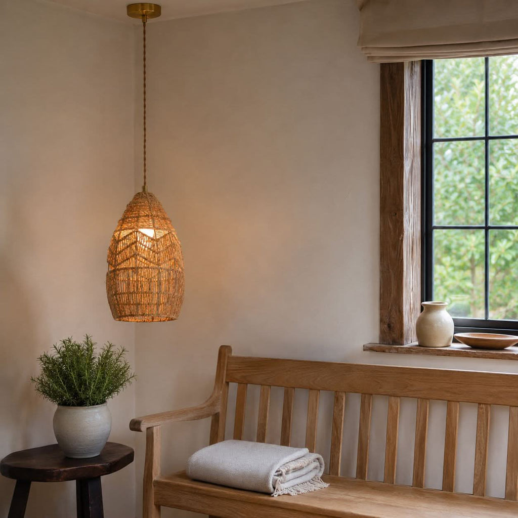 Lightsin Handwoven Rattan Bell Pendant Light for Dining Room Decor