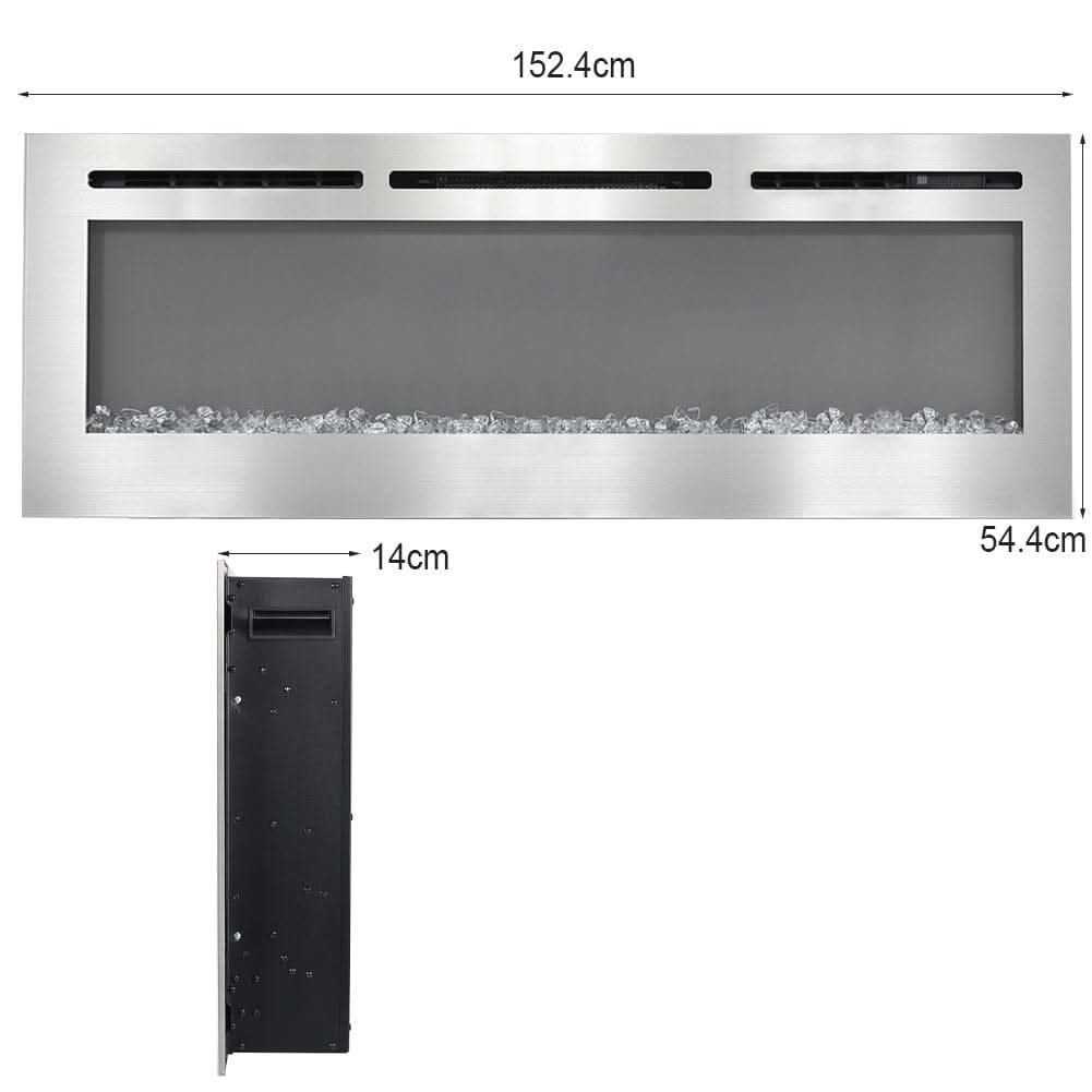 60 Inch Electric Fireplace Silver Recessed Fire with 12 LED Flame Colour
