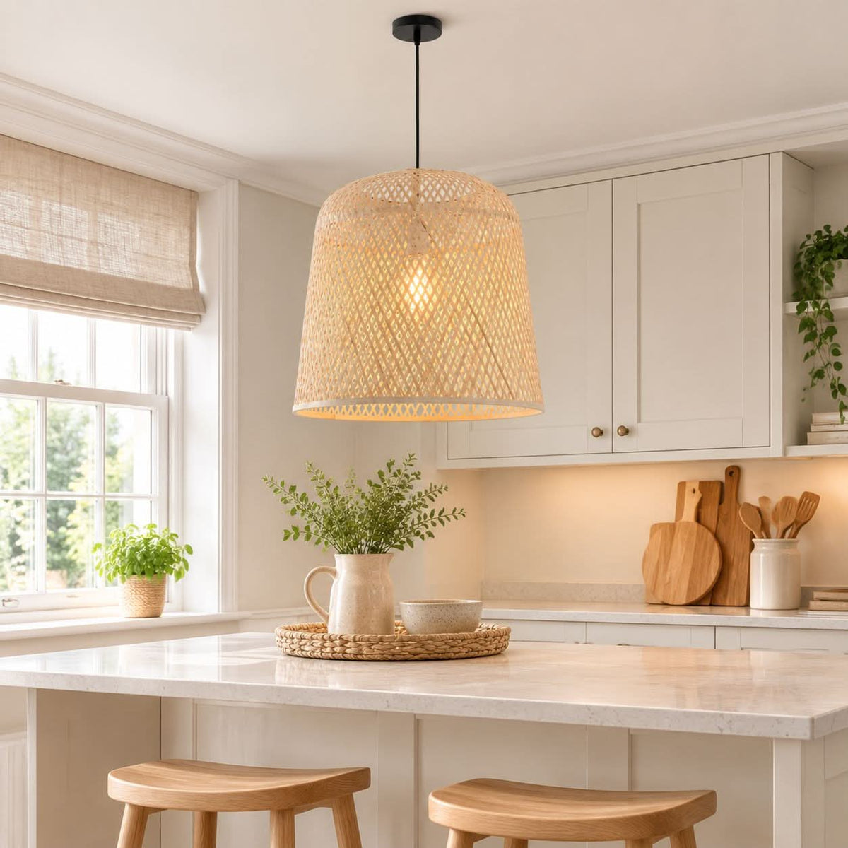 Lightsin Cella-Bamboo Pendant Light – Handwoven Cylindrical Ceiling Light with Cross-Weave Shade for Kitchen, Bedroom & Living Room