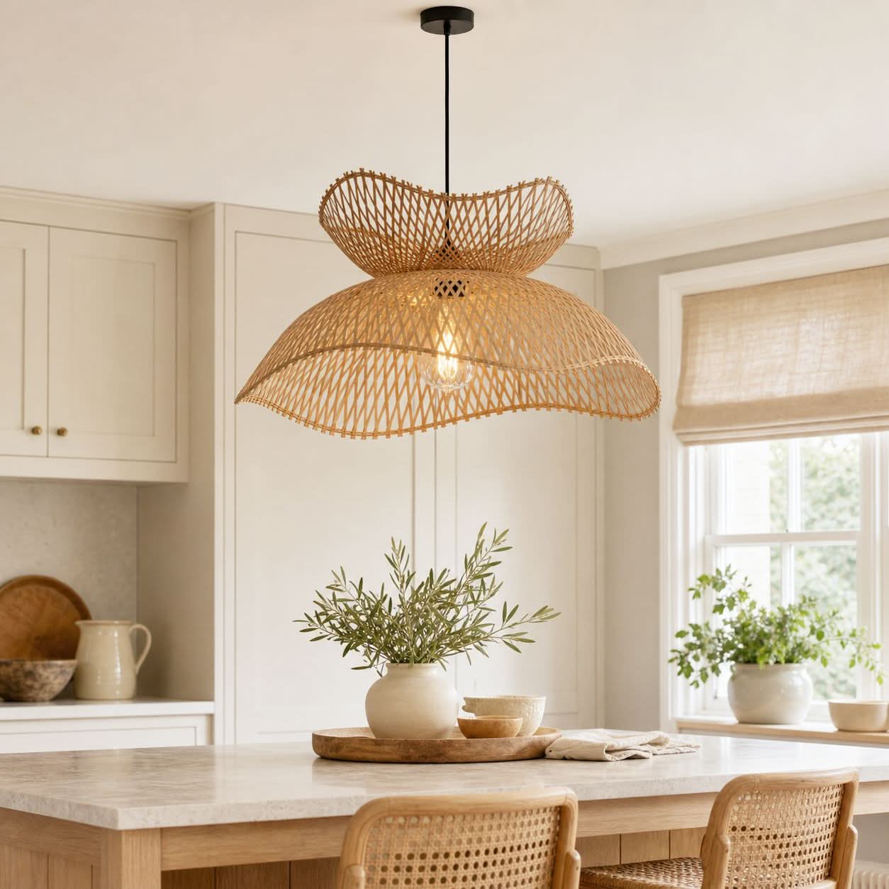 Lightsin Double-Layer Bamboo Pendant Light – Natural Ceiling Pendant Light for Living Room, Dining Area, and Boho Interiors