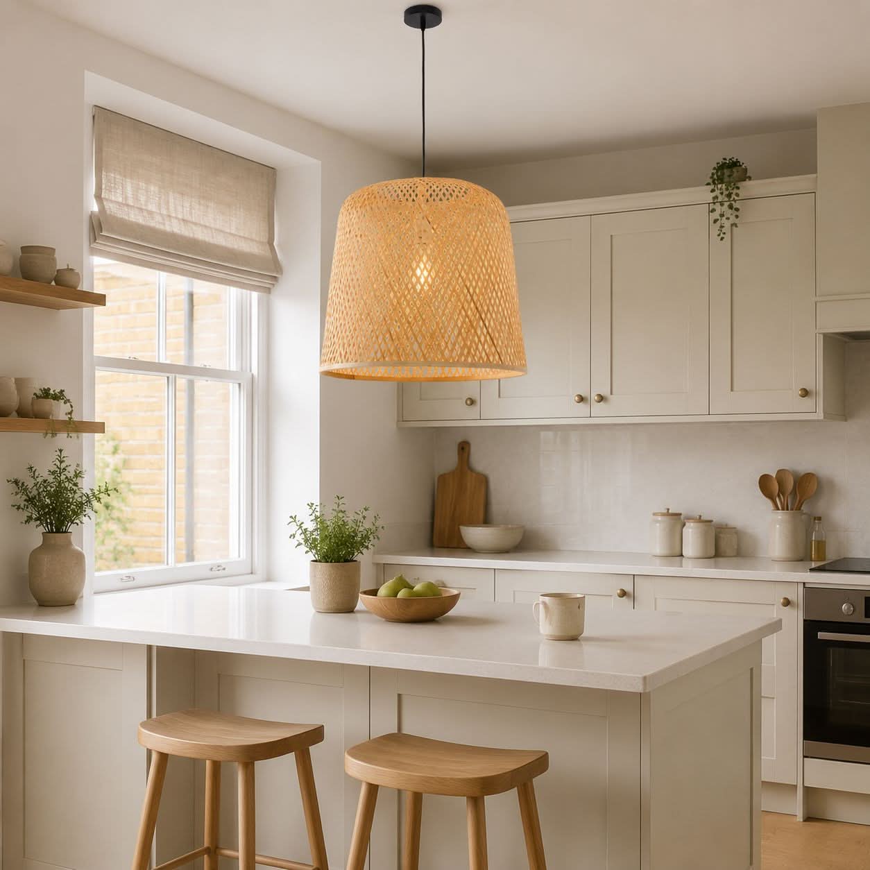 Lightsin Cella-Bamboo Pendant Light – Handwoven Cylindrical Ceiling Light with Cross-Weave Shade for Kitchen, Bedroom & Living Room