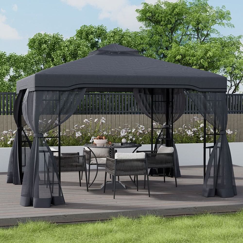 19ft Pergola Premium Iron with Retractable Canopy and Mesh Screens