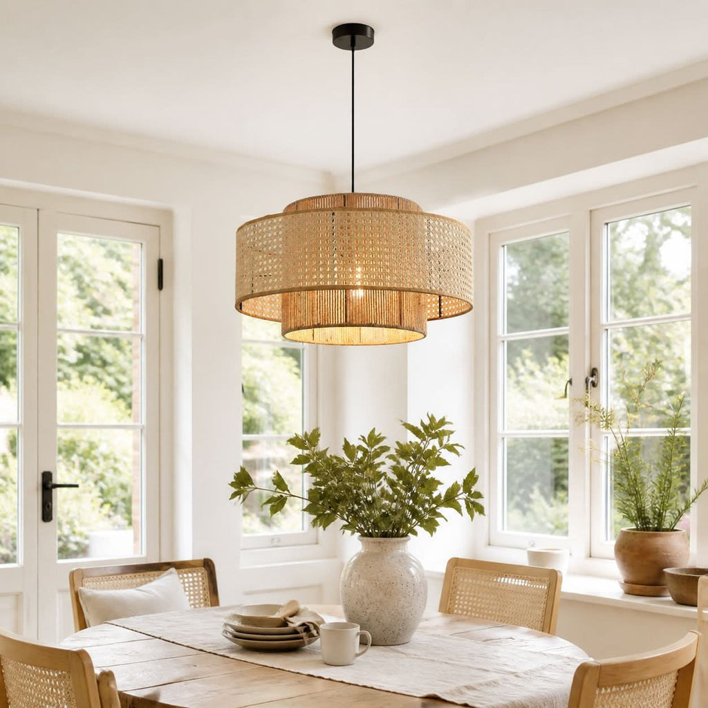 Lightsin Natural Woven Rattan and Hemp Rope Rustic Pendant Light Fixture