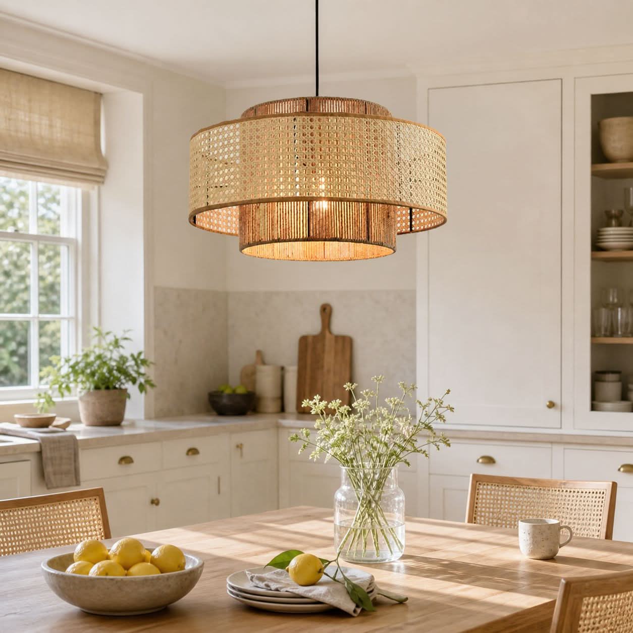 Lightsin Natural Woven Rattan and Hemp Rope Rustic Pendant Light Fixture