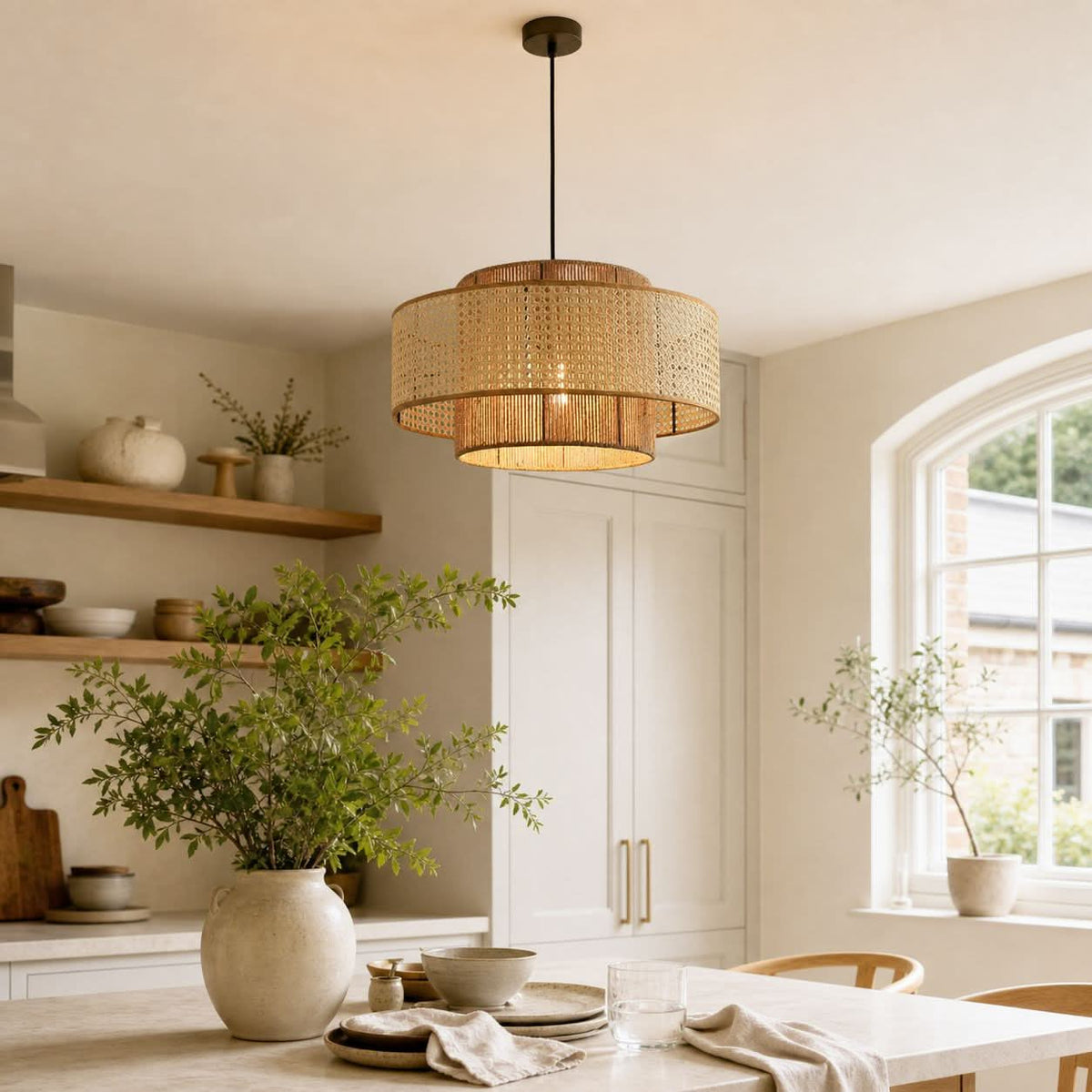 Lightsin Natural Woven Rattan and Hemp Rope Rustic Pendant Light Fixture