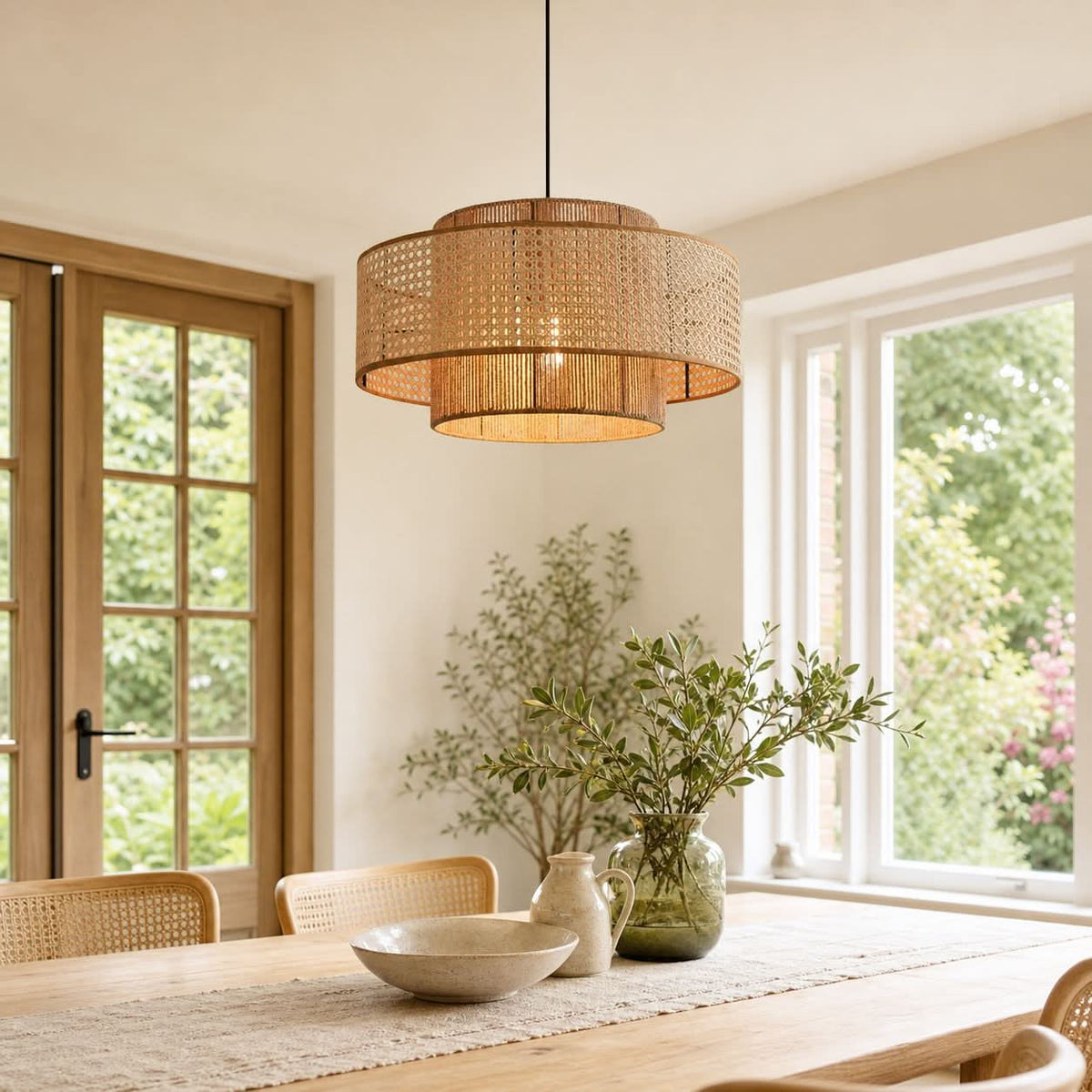 Lightsin Natural Woven Rattan and Hemp Rope Rustic Pendant Light Fixture