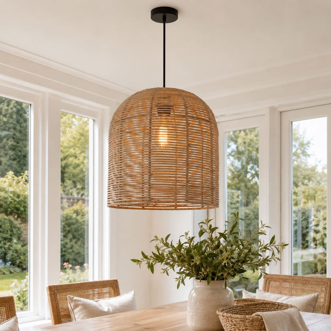 Lightsin Cella-Rustic Rattan Dome Pendant Light – Handwoven Ceiling Pendant Light for Living Room, Kitchen, and Modern Rustic Interiors