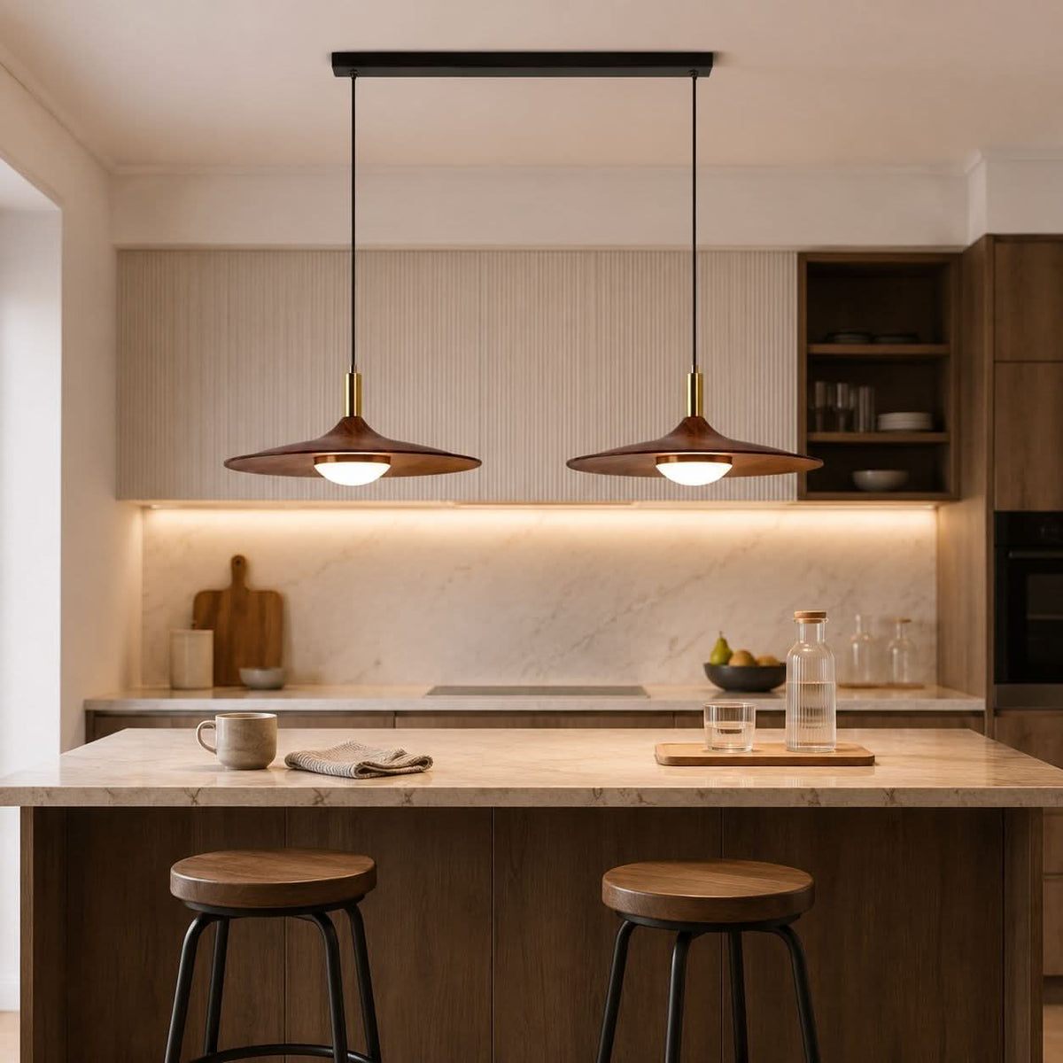 Walnut Double Pendant Light | Linear E27 Ceiling Lamp