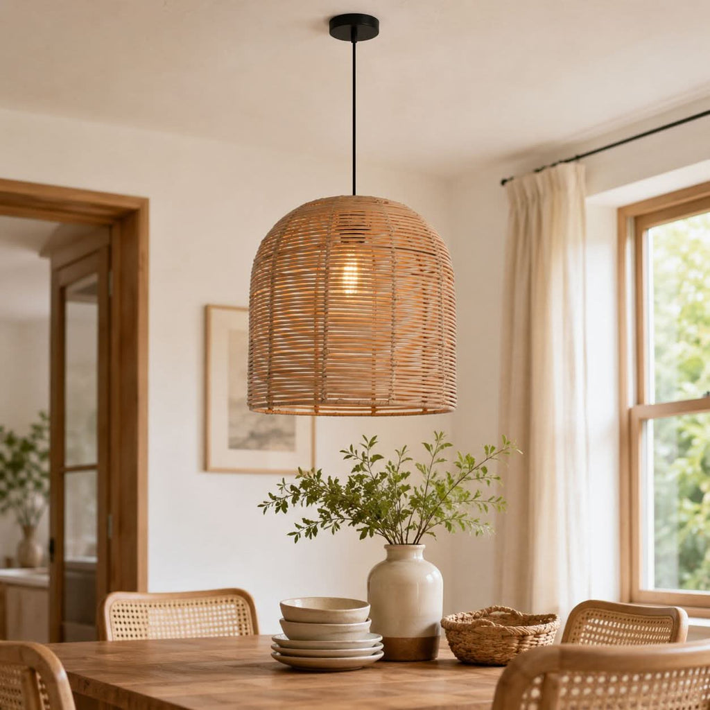 Lightsin Cella-Rustic Rattan Dome Pendant Light – Handwoven Ceiling Pendant Light for Living Room, Kitchen, and Modern Rustic Interiors