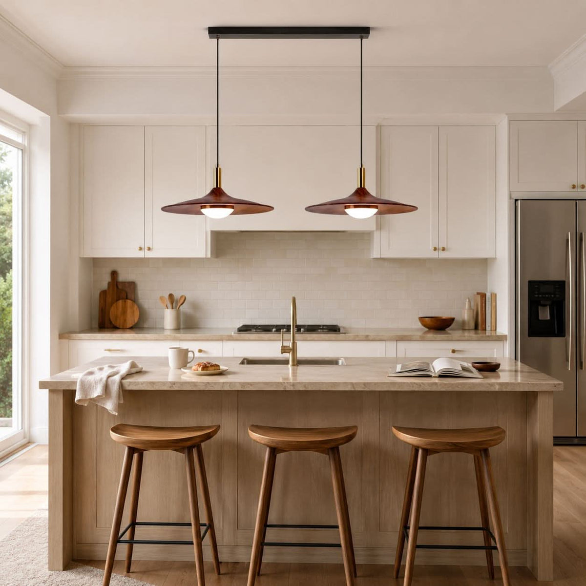 Walnut Double Pendant Light | Linear E27 Ceiling Lamp