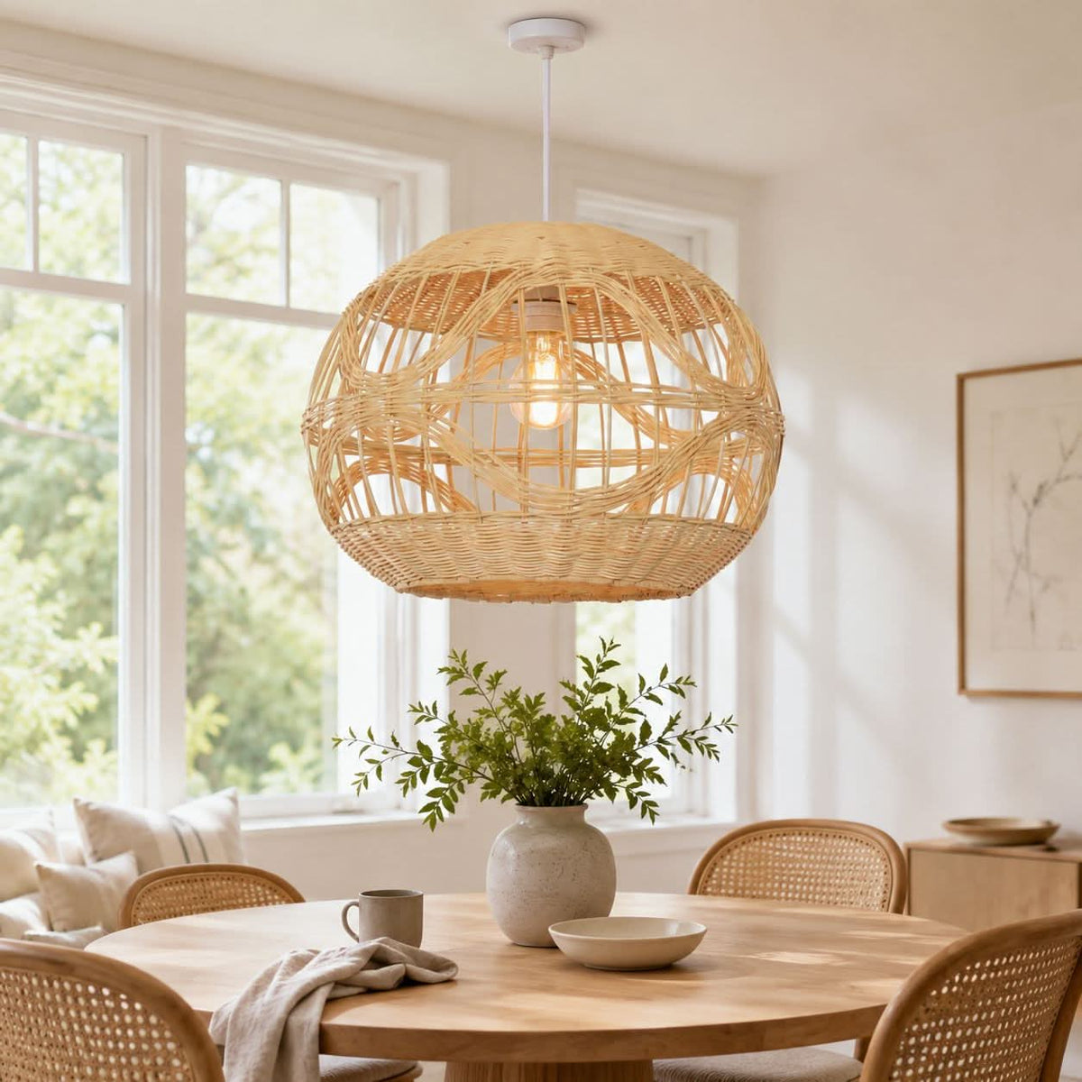 Lightsin Cella-Sustainable Handwoven Spherical Rattan Pendant Light with Wave Details