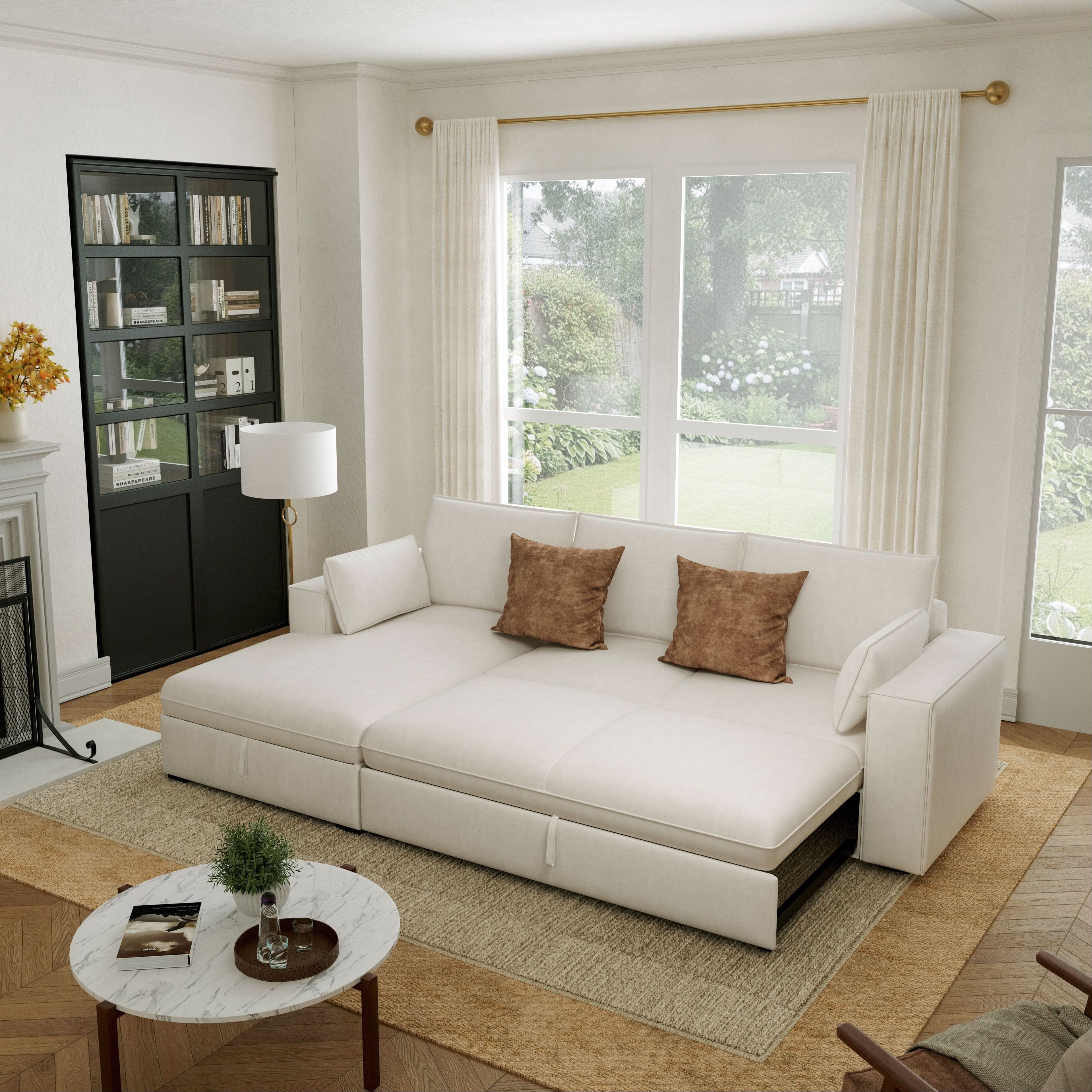 Cottonfy Creamy Tofu Block Pullout Sofa Bed with Storage