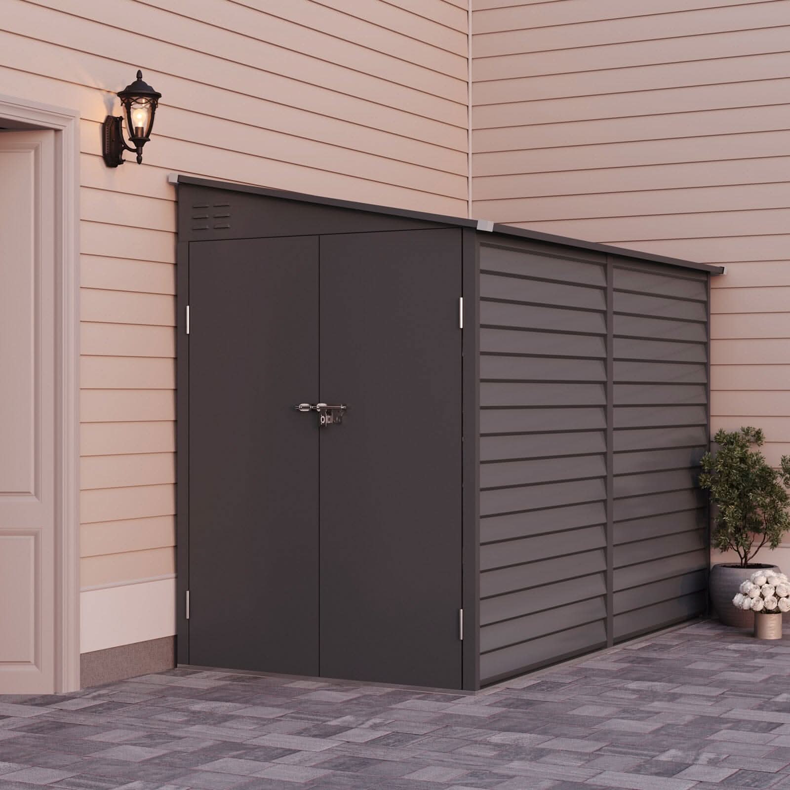 4.6×9 ft Steel Garden Bike Storage Shed Grey/White/Black Lockable