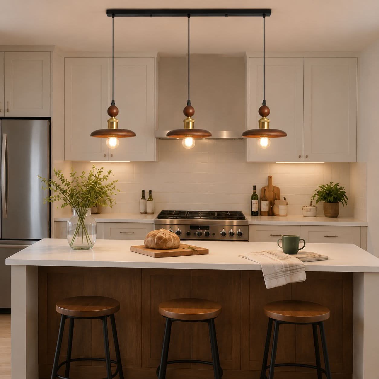 3-Light Walnut Wood Mini Pendant Light | E27 Ceiling Lamp