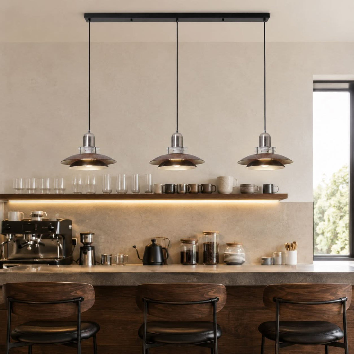 3-Light Walnut Iron Pendant Light | Adjustable E27 Ceiling Lamp