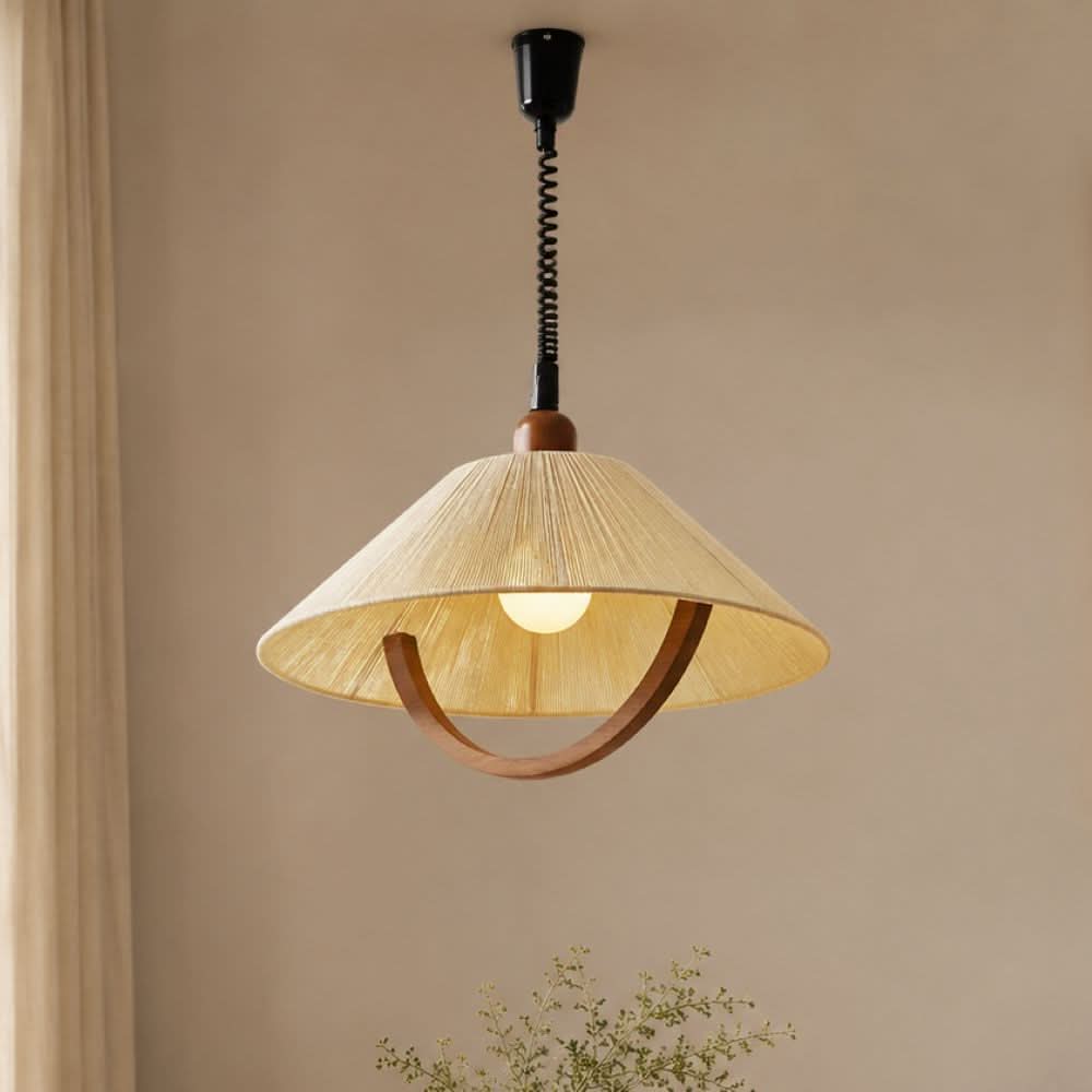 Natural Wood Curved Pendant Light | Cotton Cord Ceiling Lamp