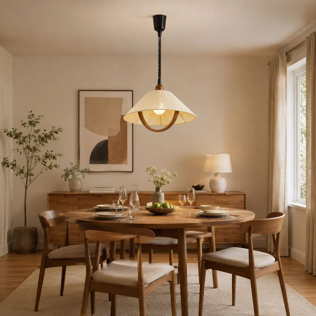 Natural Wood Curved Pendant Light | Cotton Cord Ceiling Lamp