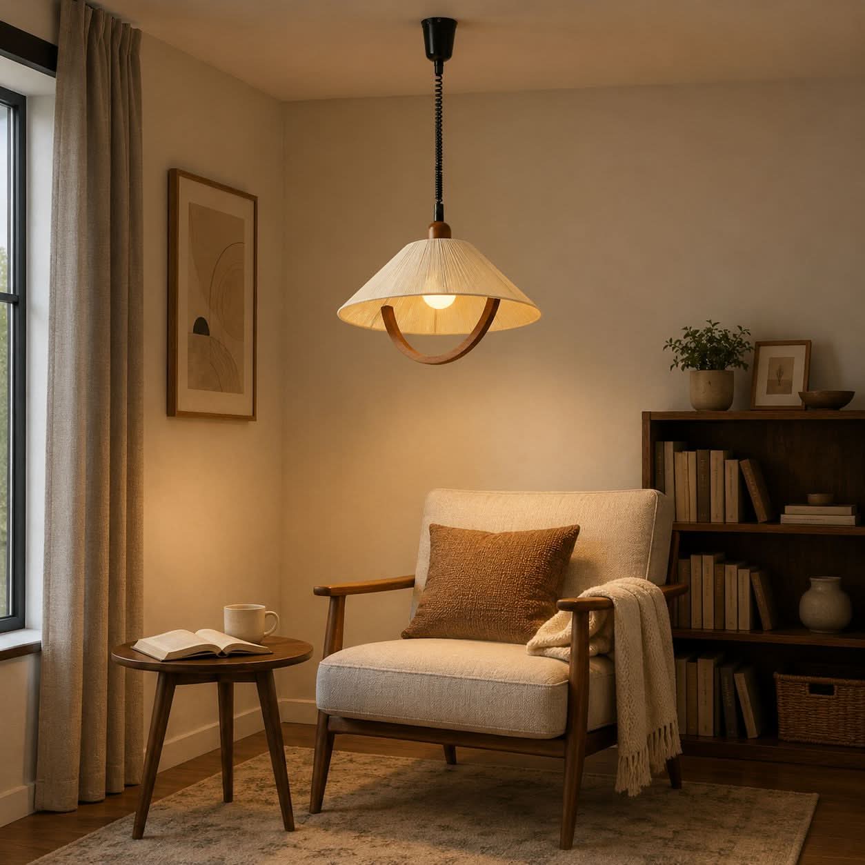 Natural Wood Curved Pendant Light | Cotton Cord Ceiling Lamp