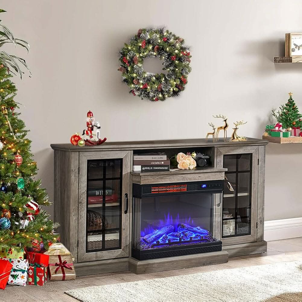 Smallbee Panoramic Glass Fireplace TV Stand with Storage Cabinets, Customizable Flames & Remote Control
