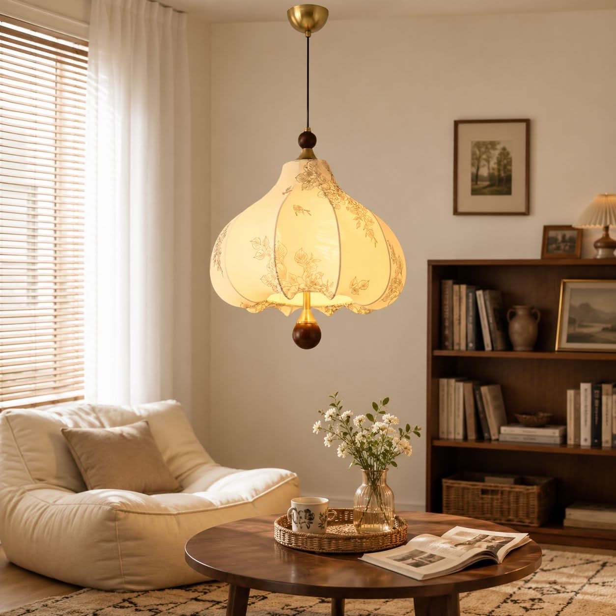 Yellow Floral Fabric Pendant Light | Adjustable E27 Ceiling Lamp