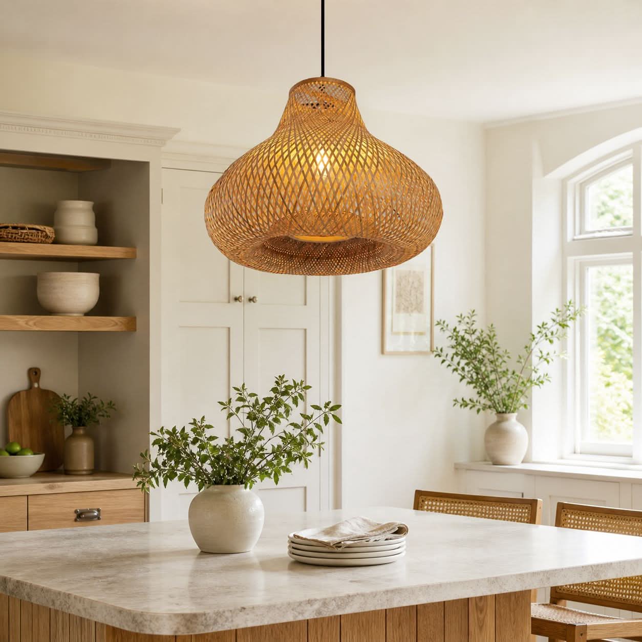 Lightsin Gourd Bamboo Pendant Light – Handwoven Eco-Friendly Ceiling Light for Living Room & Kitchen Decor