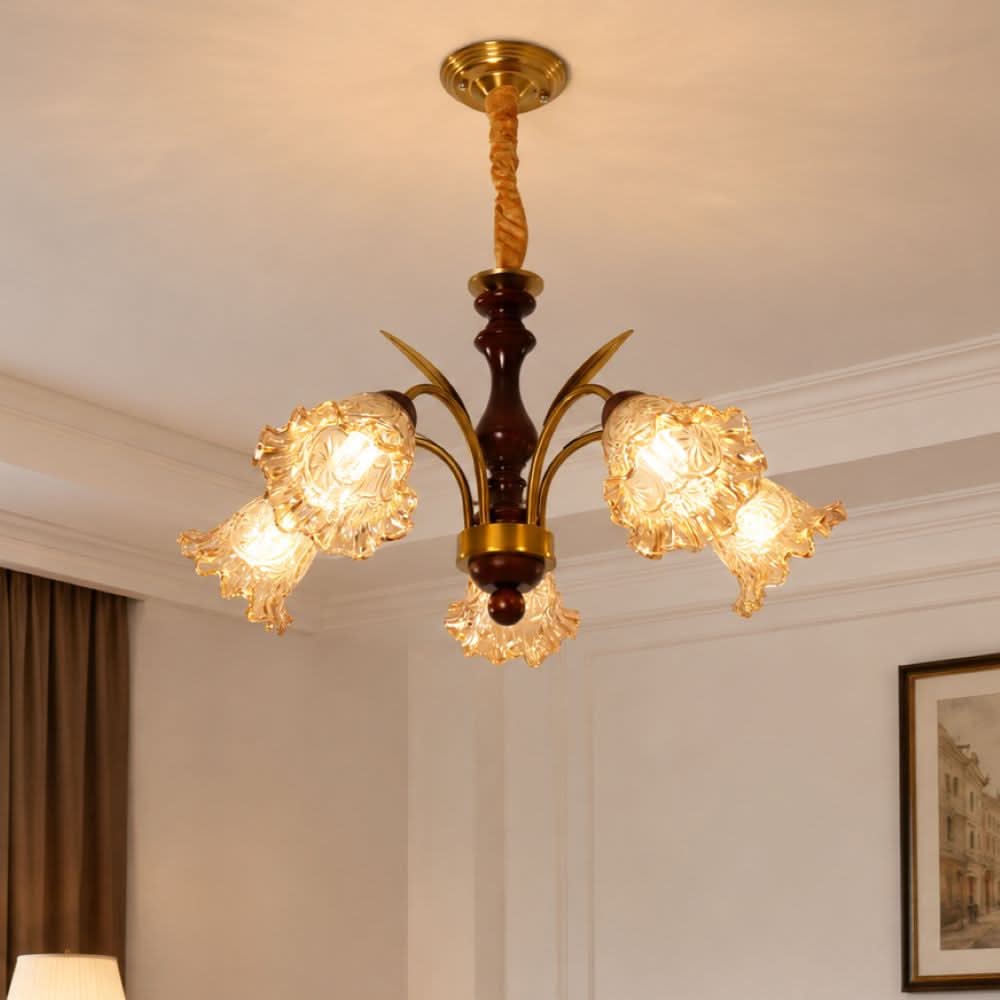 5-Light Vintage Glass Flower Chandelier | Copper E27 Pendant Lamp