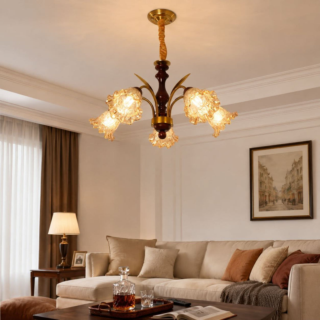 5-Light Vintage Glass Flower Chandelier | Copper E27 Pendant Lamp