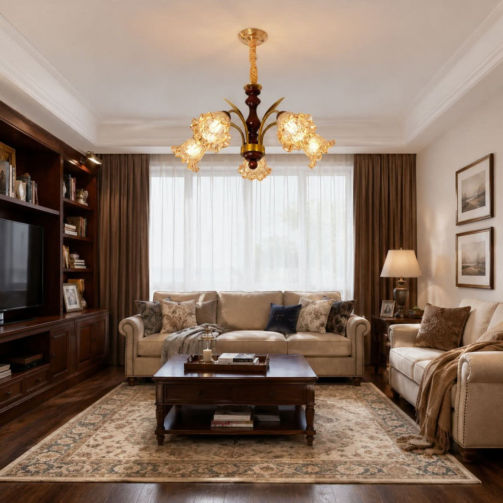 5-Light Vintage Glass Flower Chandelier | Copper E27 Pendant Lamp