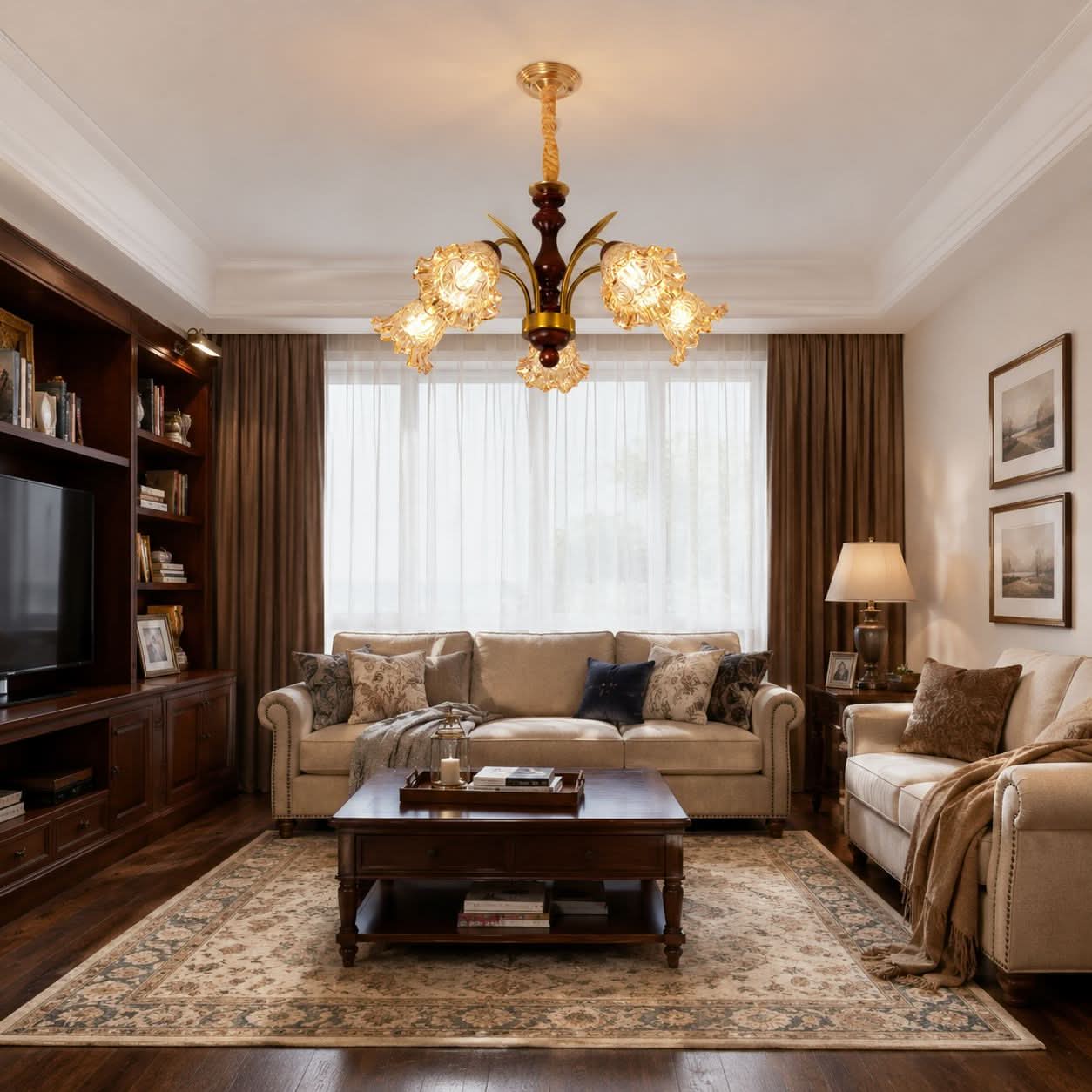5-Light Vintage Glass Flower Chandelier | Copper E27 Pendant Lamp
