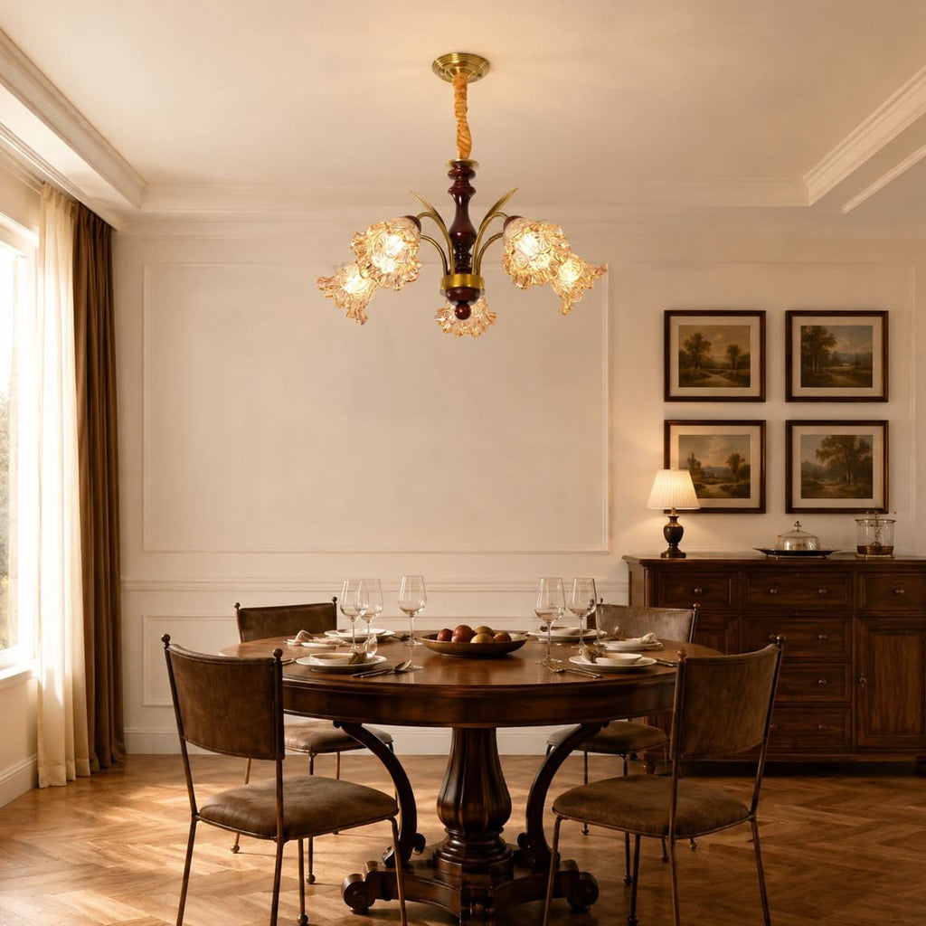 5-Light Vintage Glass Flower Chandelier | Copper E27 Pendant Lamp