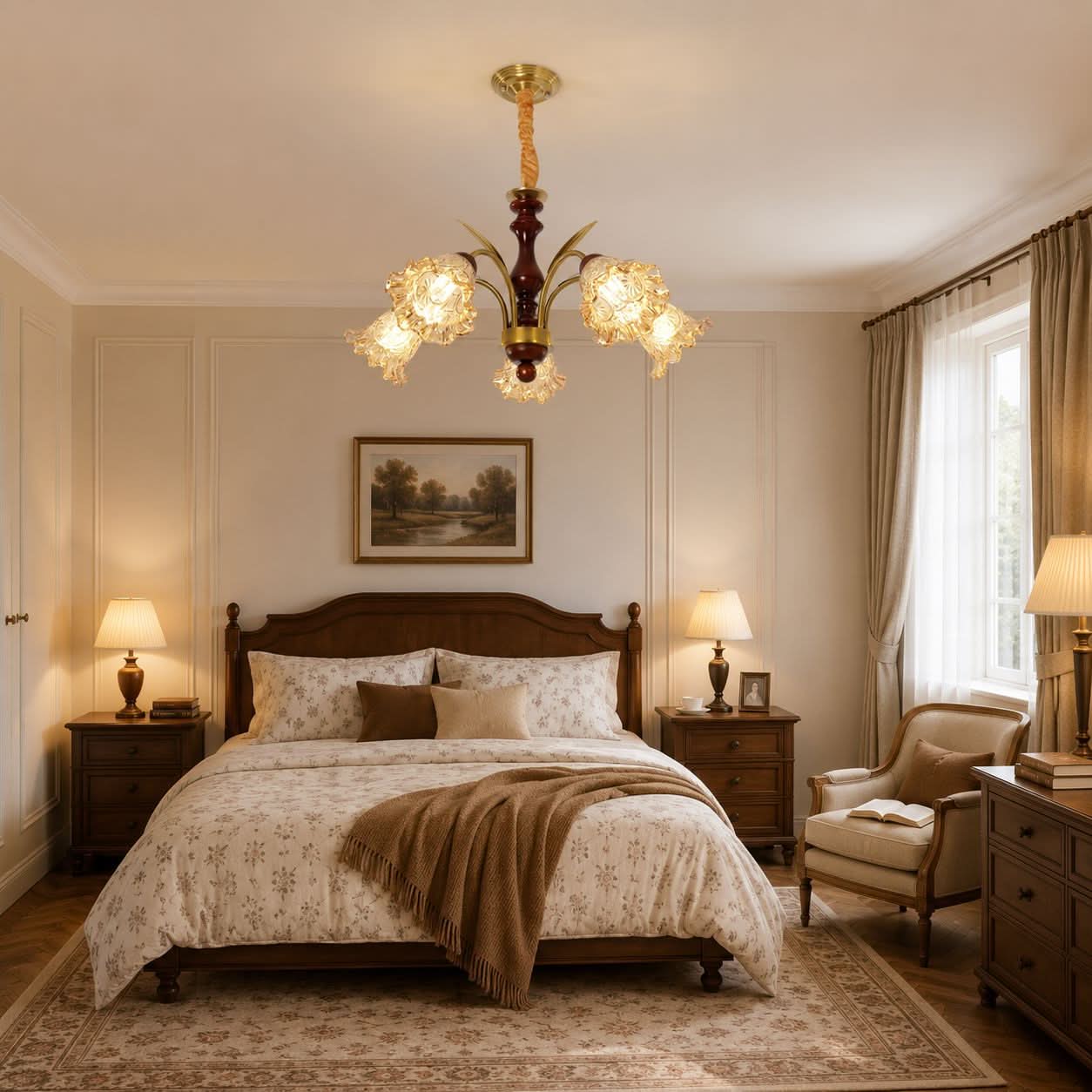 5-Light Vintage Glass Flower Chandelier | Copper E27 Pendant Lamp