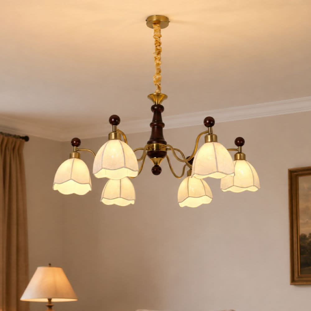 6-Light Yellow Fabric Chandelier | Adjustable E27 Ceiling Lamp