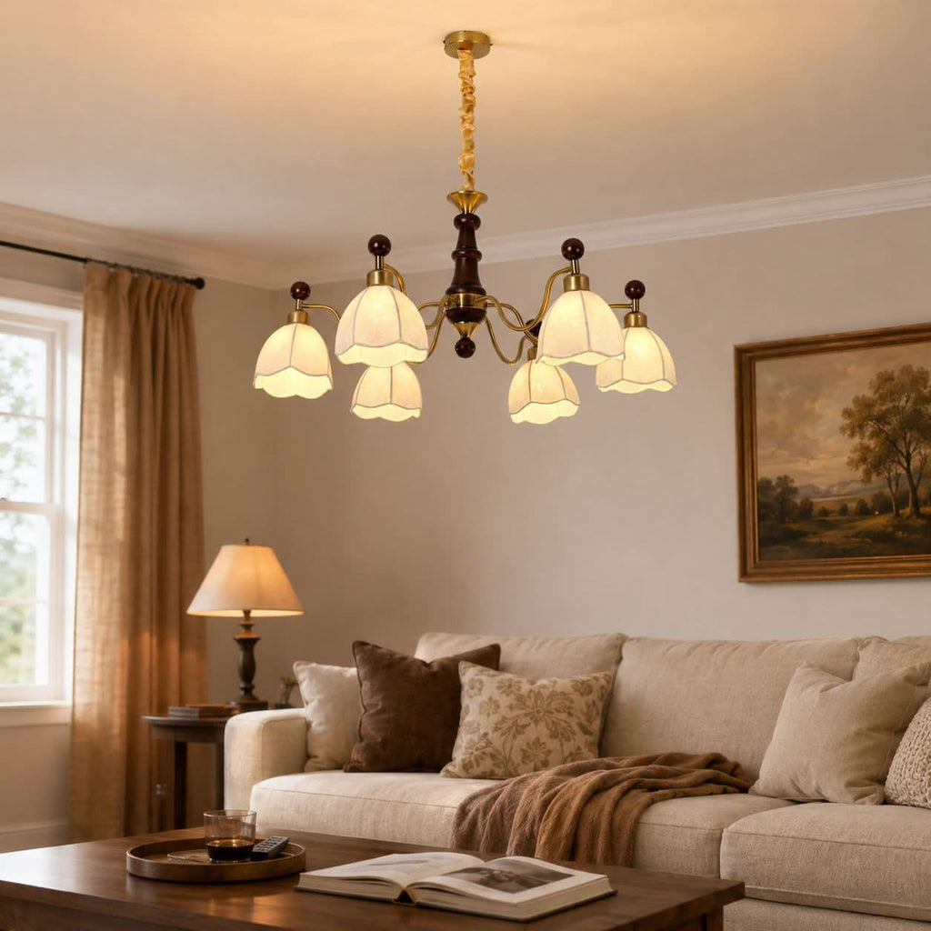 6-Light Yellow Fabric Chandelier | Adjustable E27 Ceiling Lamp