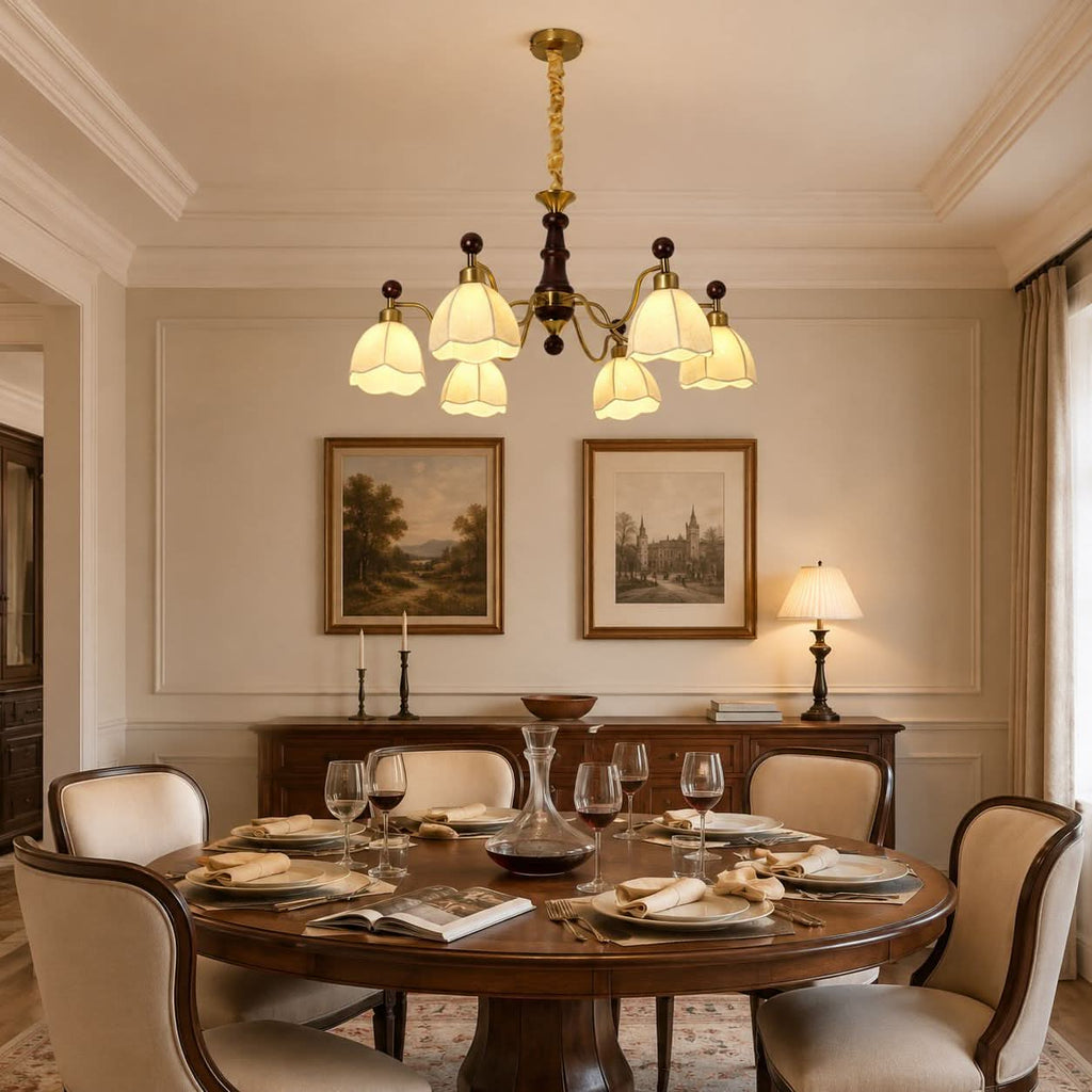 6-Light Yellow Fabric Chandelier | Adjustable E27 Ceiling Lamp