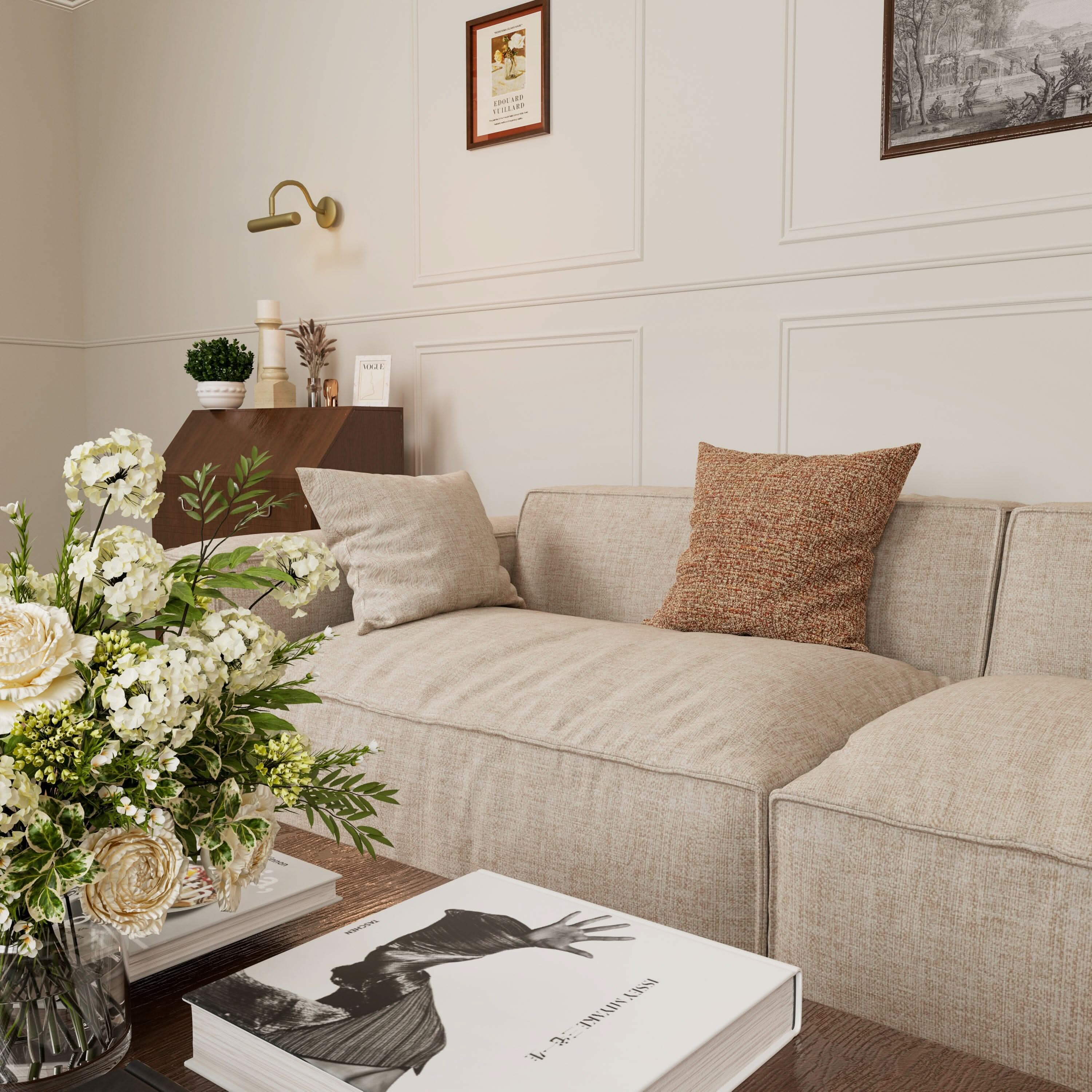 Cottonfy Elegant Linen Tofu Block Fabric Down Sofa