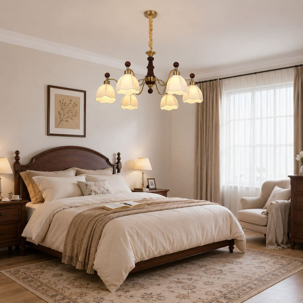 6-Light Yellow Fabric Chandelier | Adjustable E27 Ceiling Lamp