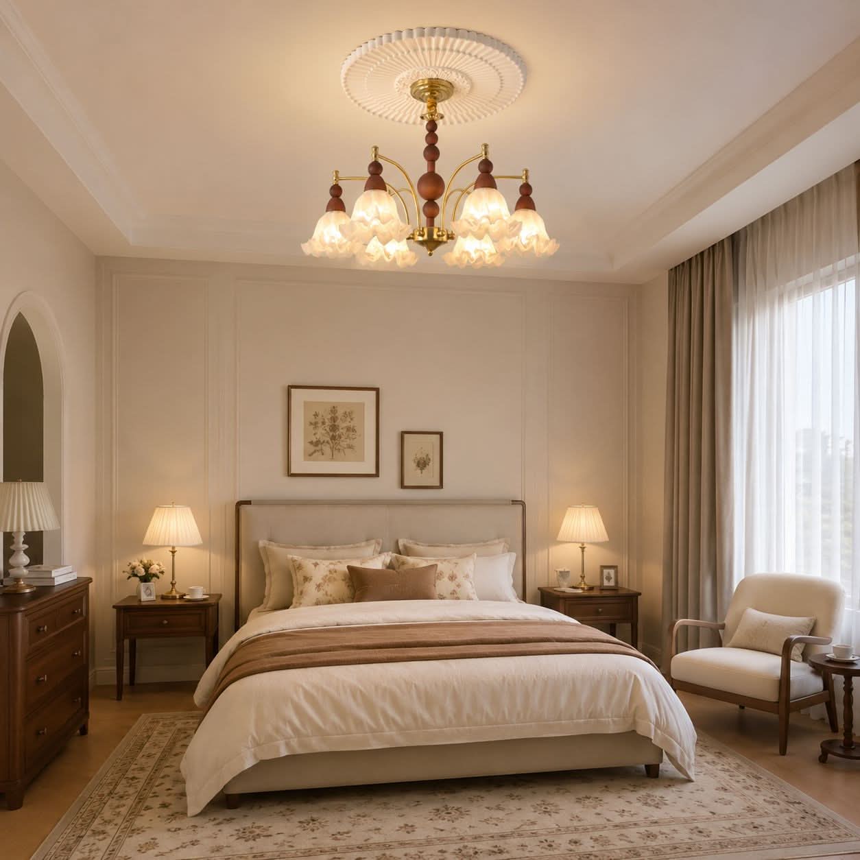 6-Light White Glass Chandelier | Adjustable E27 Ceiling Lamp