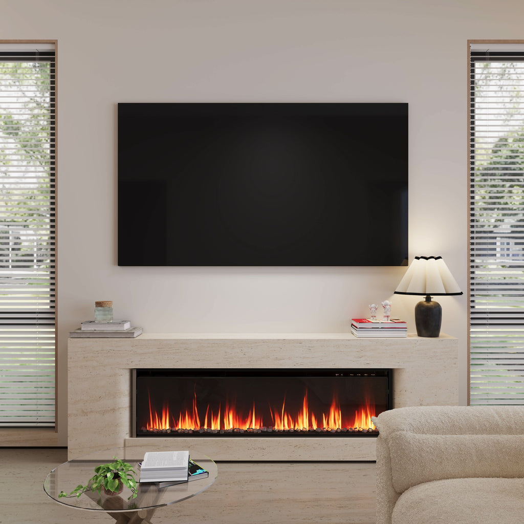 40/50/60inch Black Wall Mounted & Recessed Electric Fireplace with Adjustable Flame & Brightness