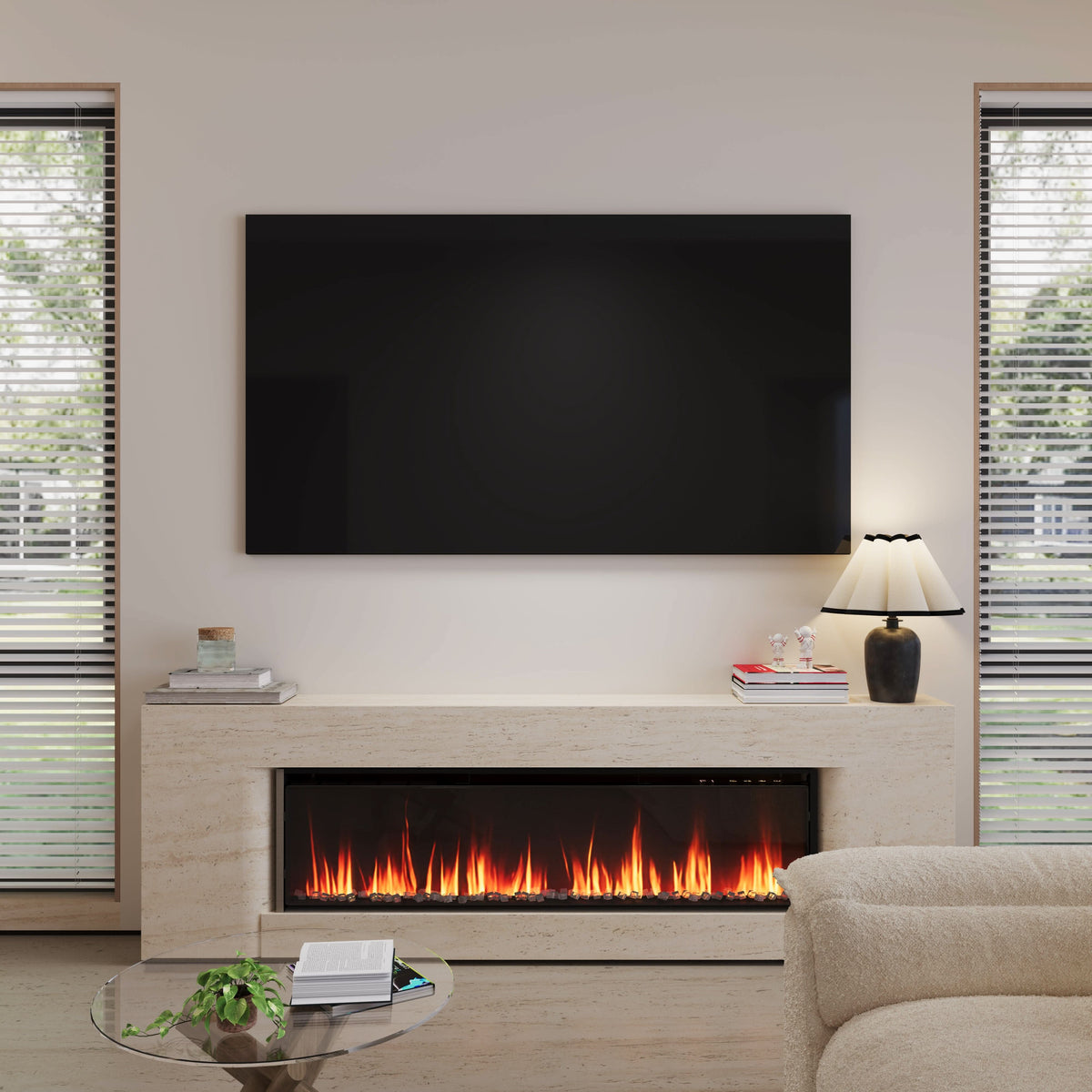 40/50/60inch Black Wall Mounted & Recessed Electric Fireplace with Adjustable Flame & Brightness