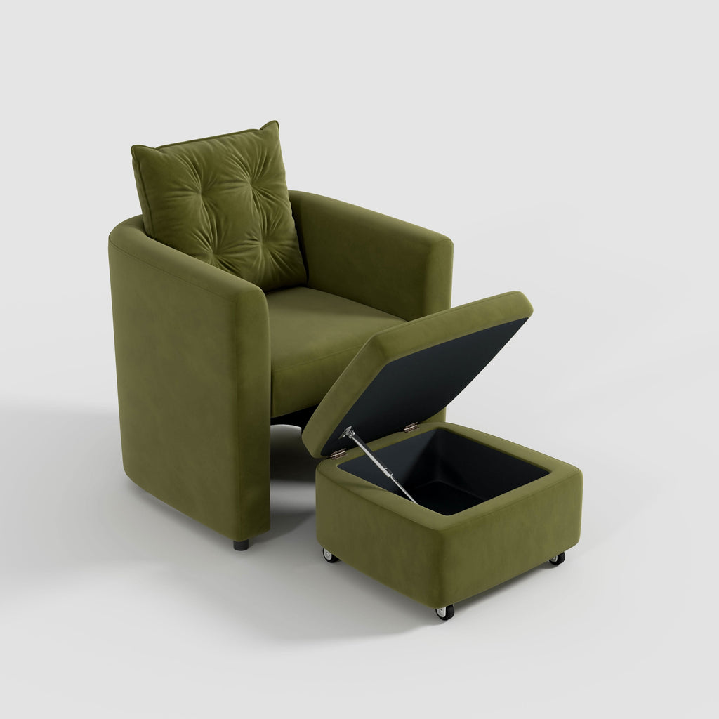 Cottonfy Green Velvet Armchair with Hidden Storage Footstool