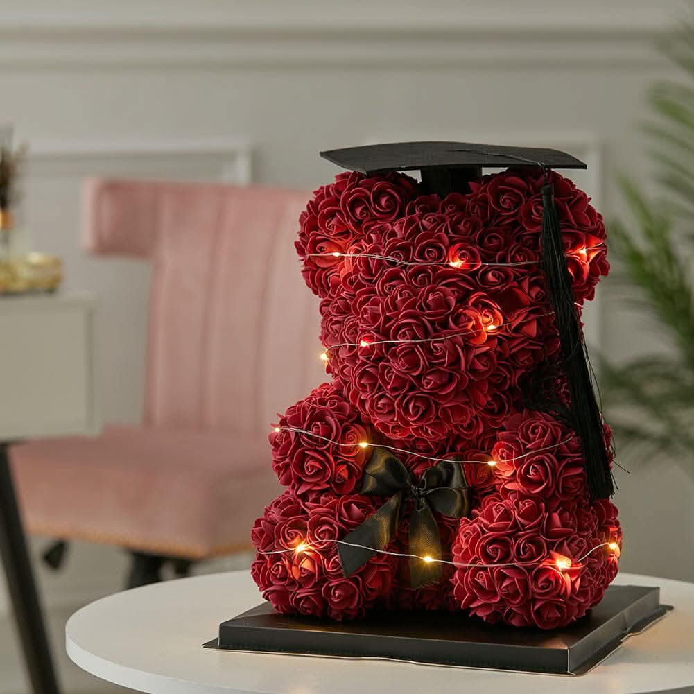 Simulation Foam Forever Rose Teddy Bear Gift Box-Black Tassel Black Hat-Wine Red