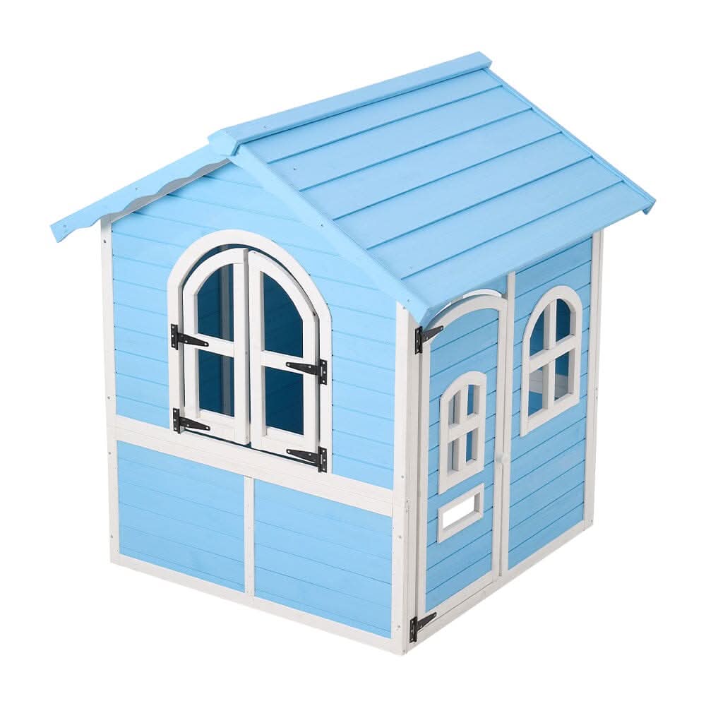 Blue Wooden Playhouse for Kids with Doors & Windows – Polished Fir Wood, Easy Assembly