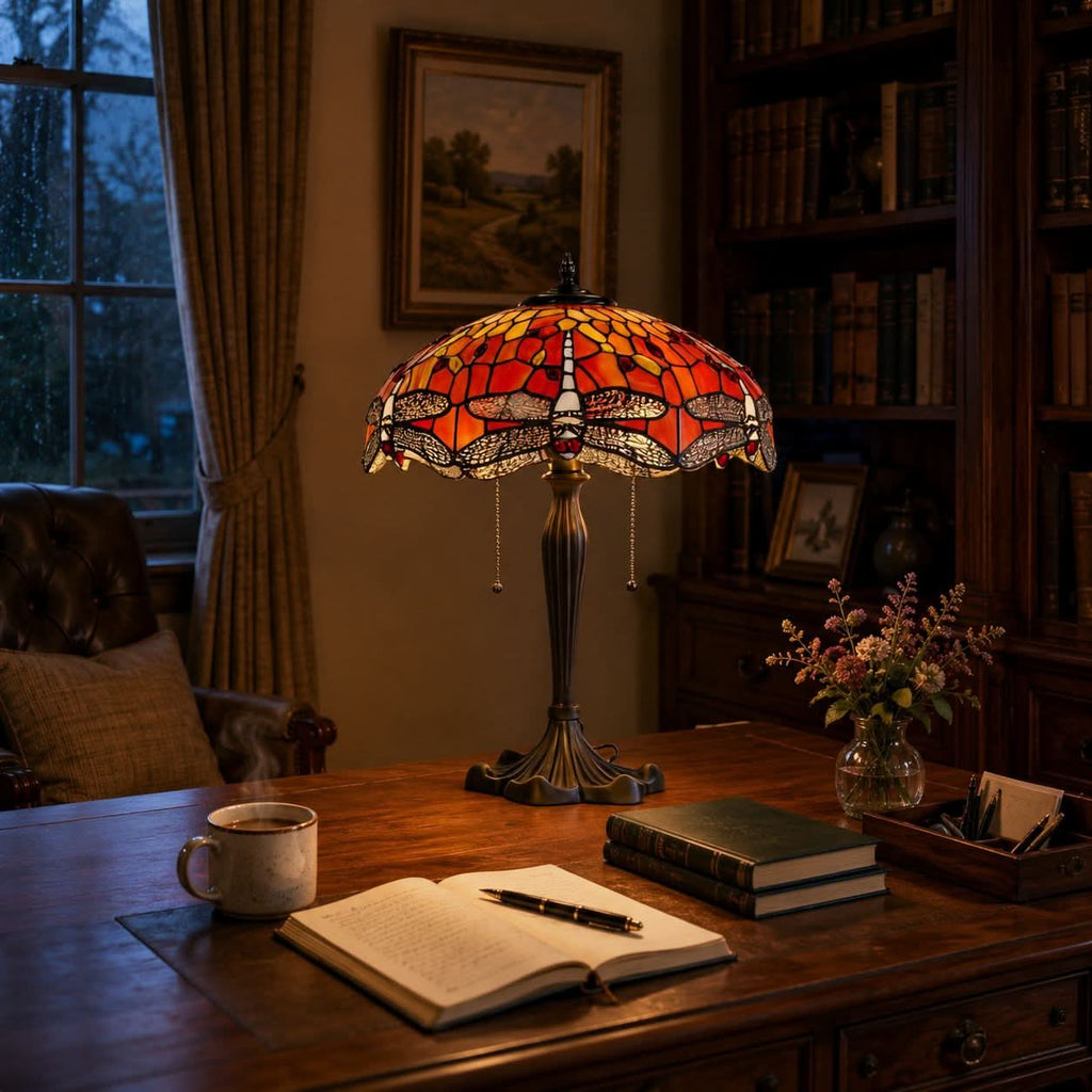 Lightin Tiffany Table Lamp | Handcrafted Stained Glass Dragonfly Series