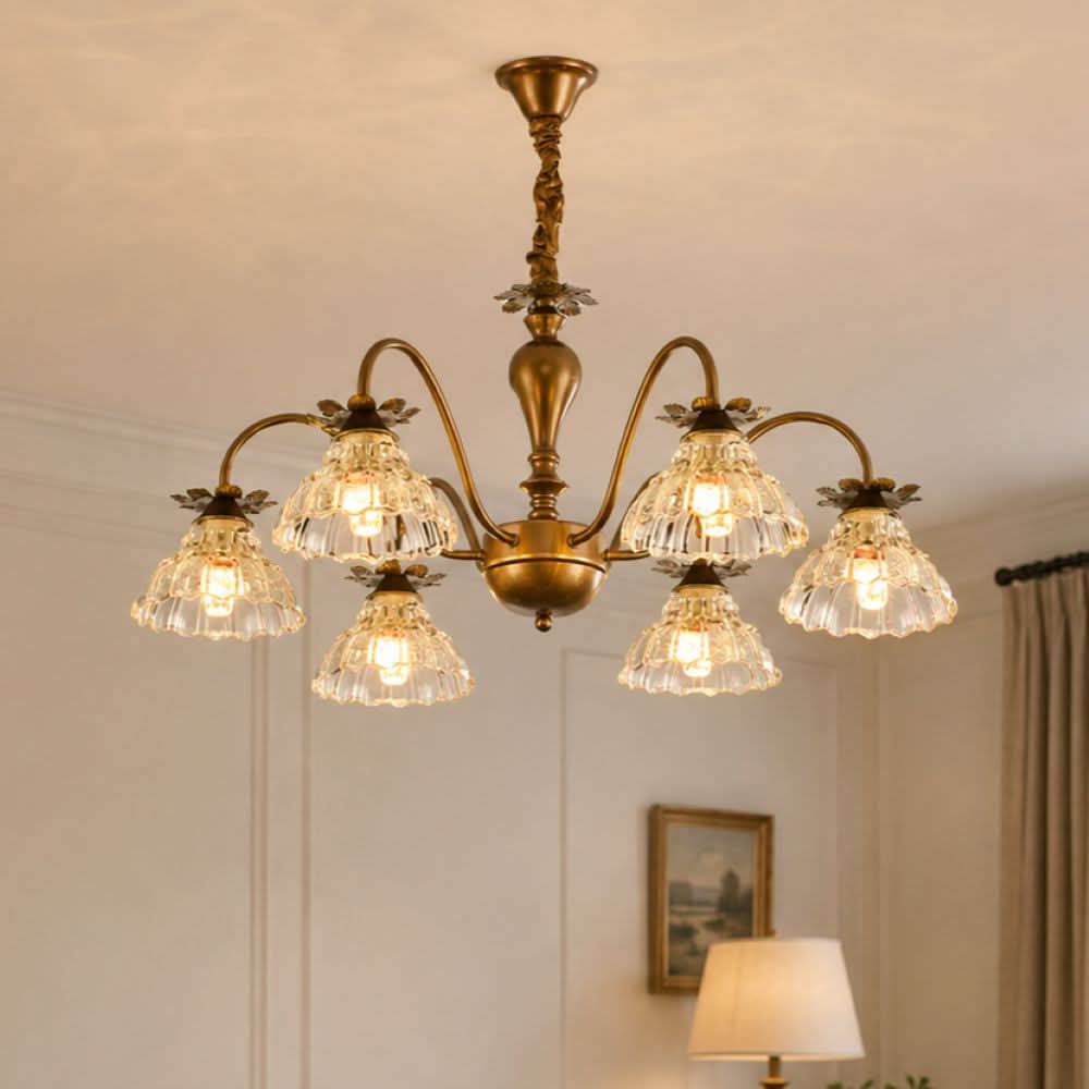 6-Light Gold Vintage Floral Glass Chandelier | E14 Ceiling Lamp